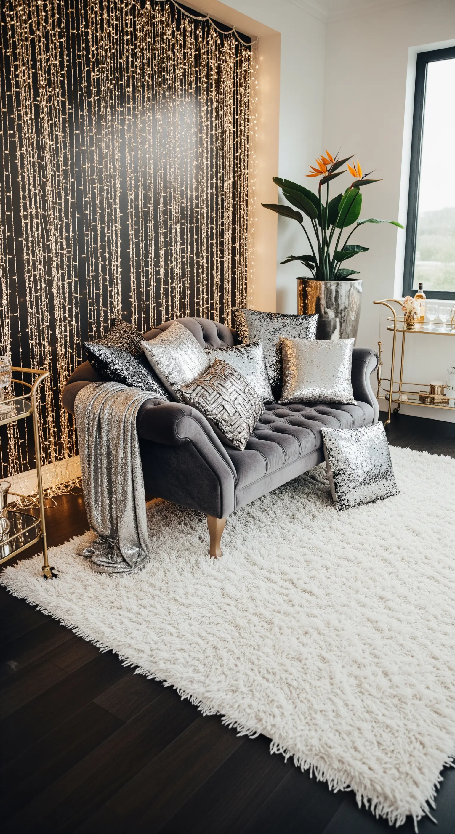 Angolo glamour con chaise longue in velluto, cuscini di paillettes e tappeto a pelo lungo.