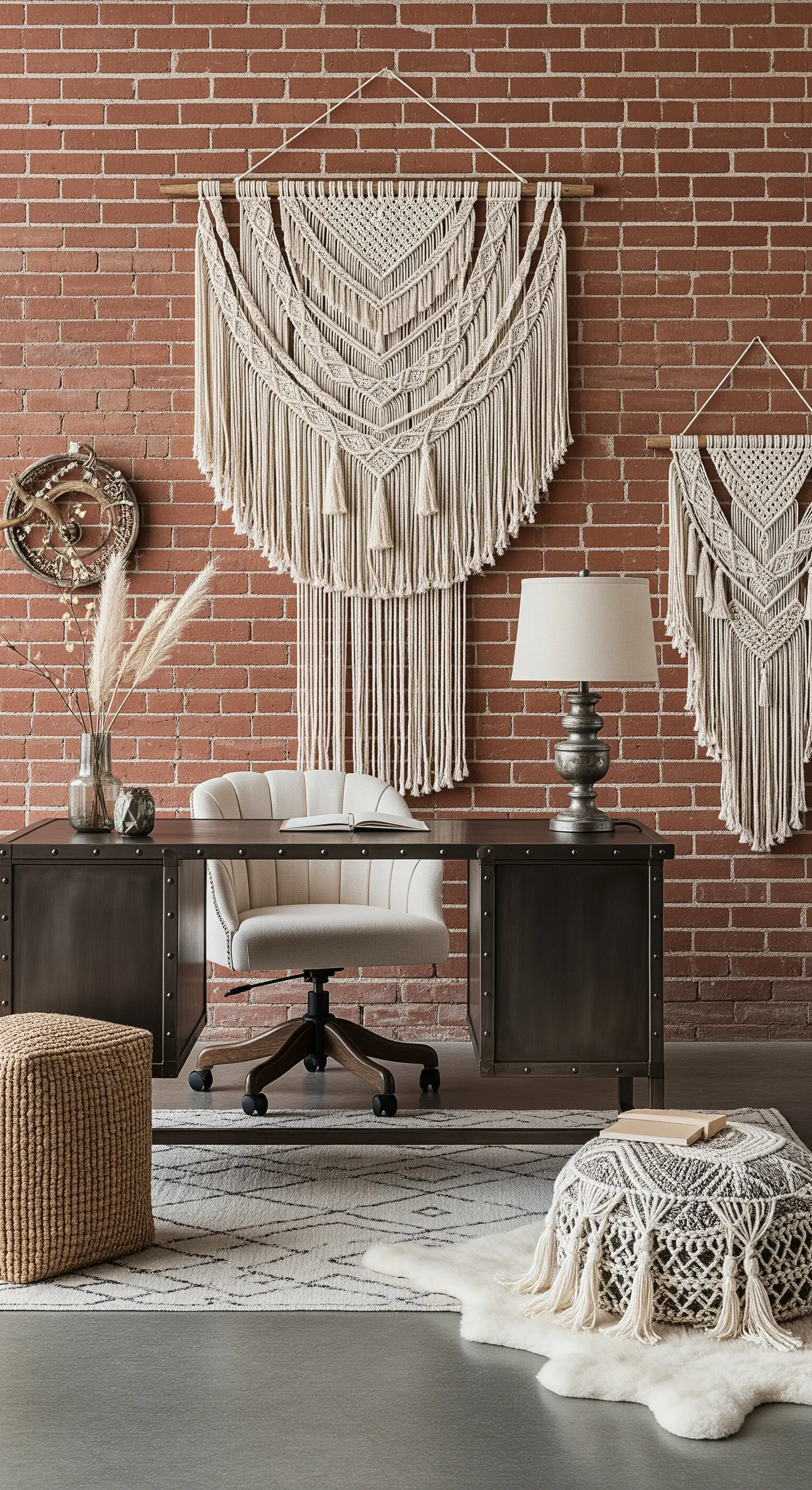 Ufficio in stile industriale con grandi decorazioni murali in macramè e arredi morbidi.