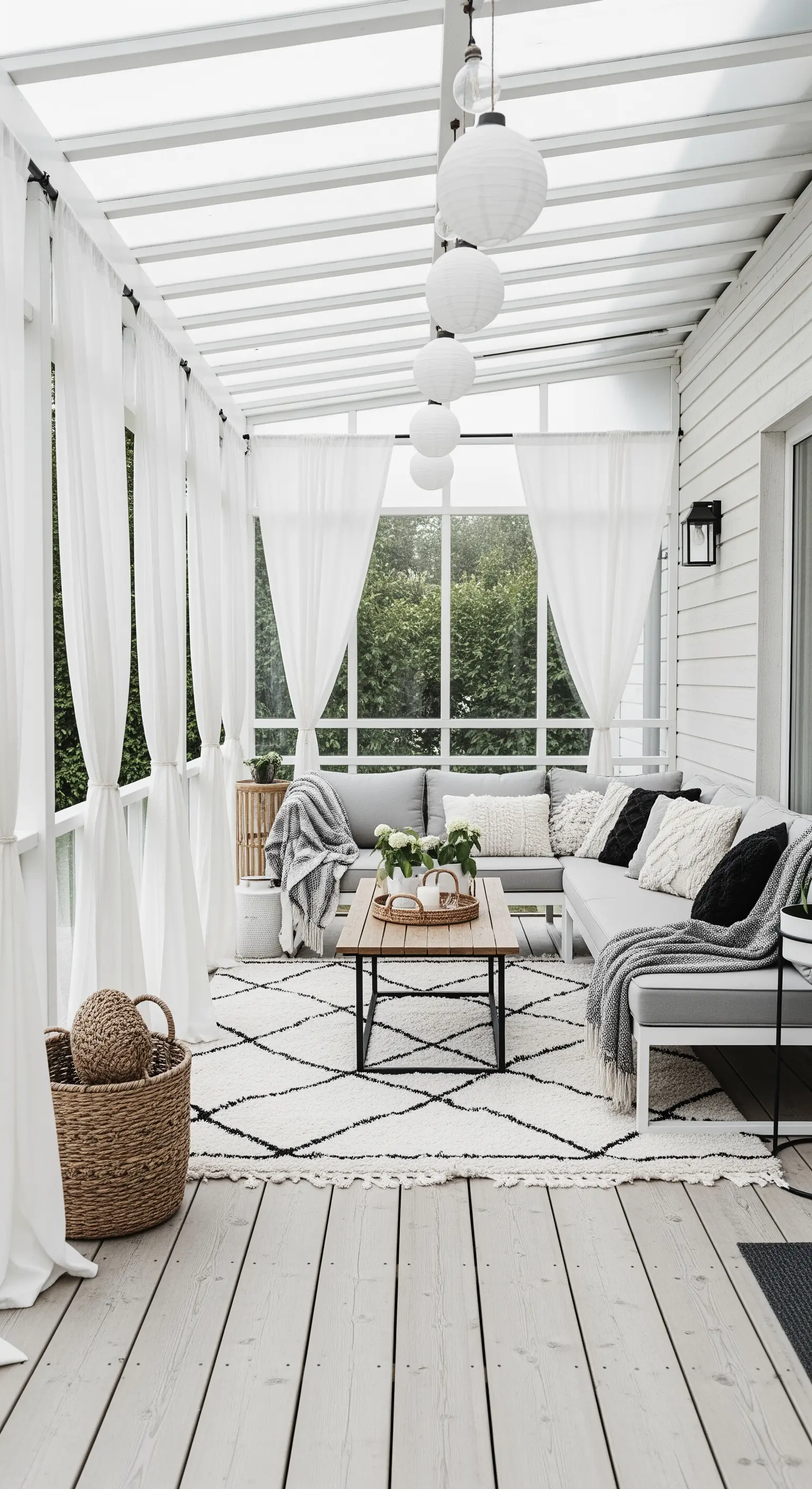 Veranda in stile scandinavo con divano grigio, tappeto grafico e lanterne di carta.