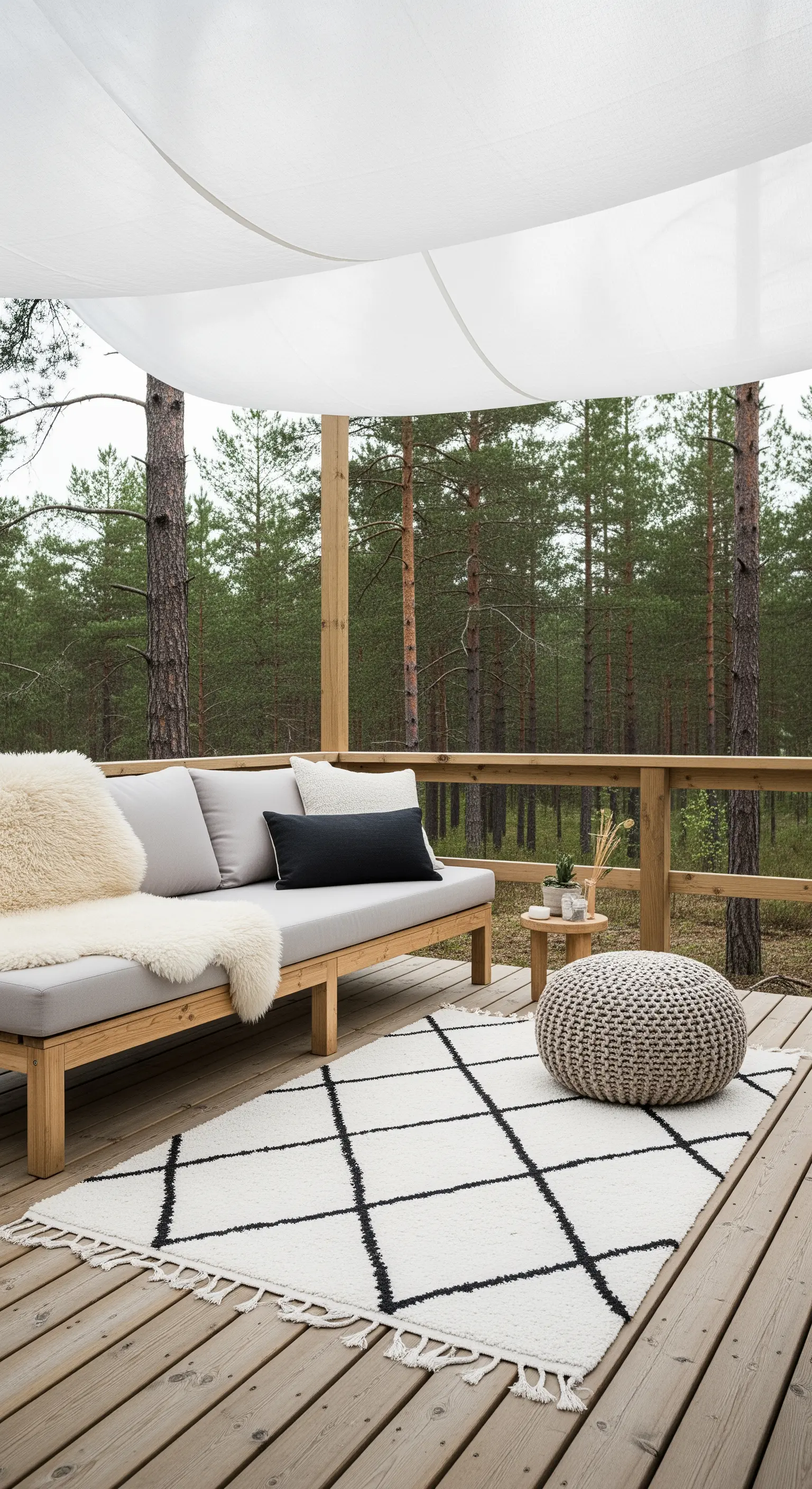 Terrazza in legno nel bosco con divano, pouf, tappeto geometrico e vela bianca.