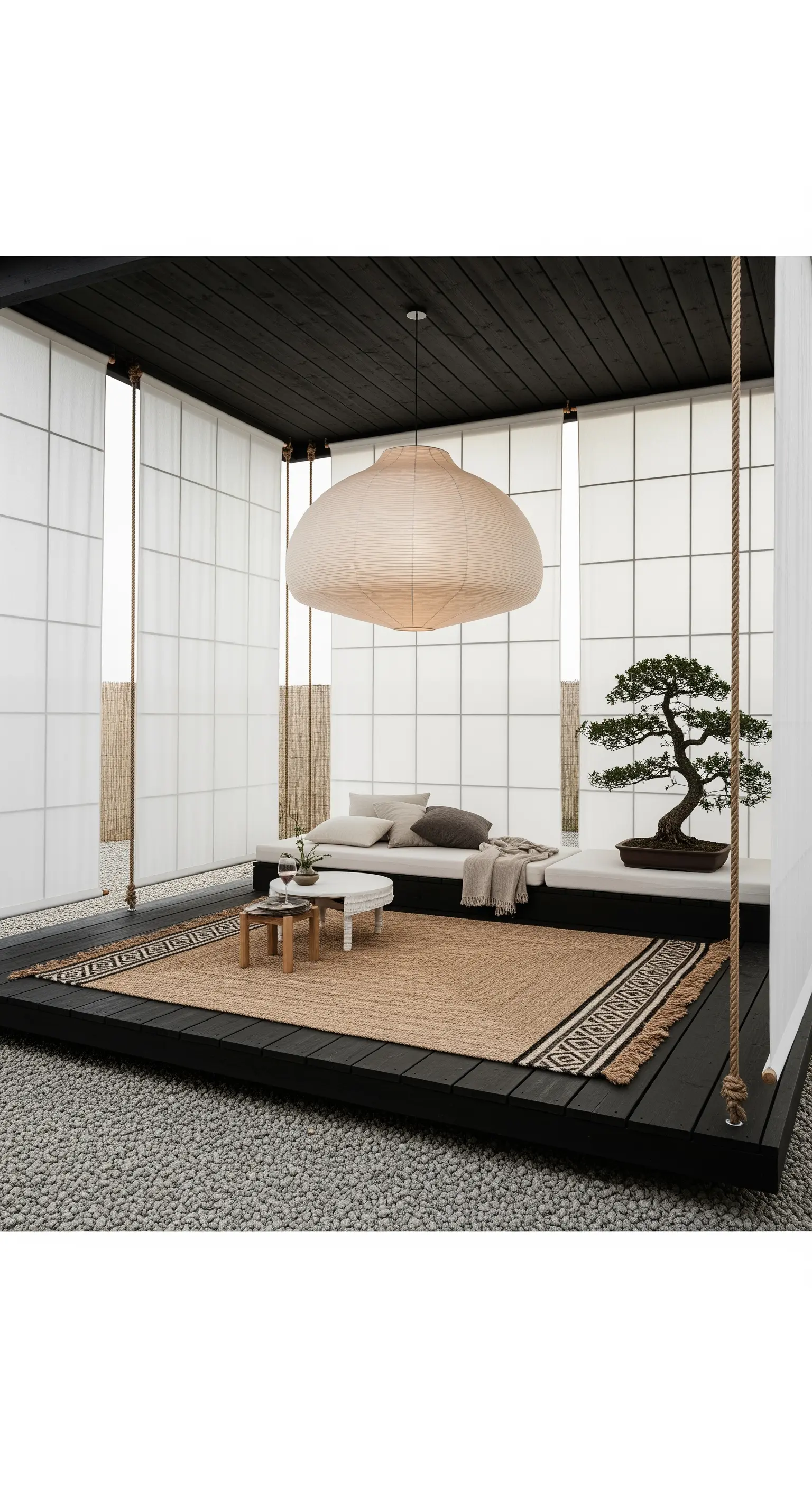 Padiglione in stile giapponese con tappeto in juta, bonsai e pannelli bianchi scorrevoli.