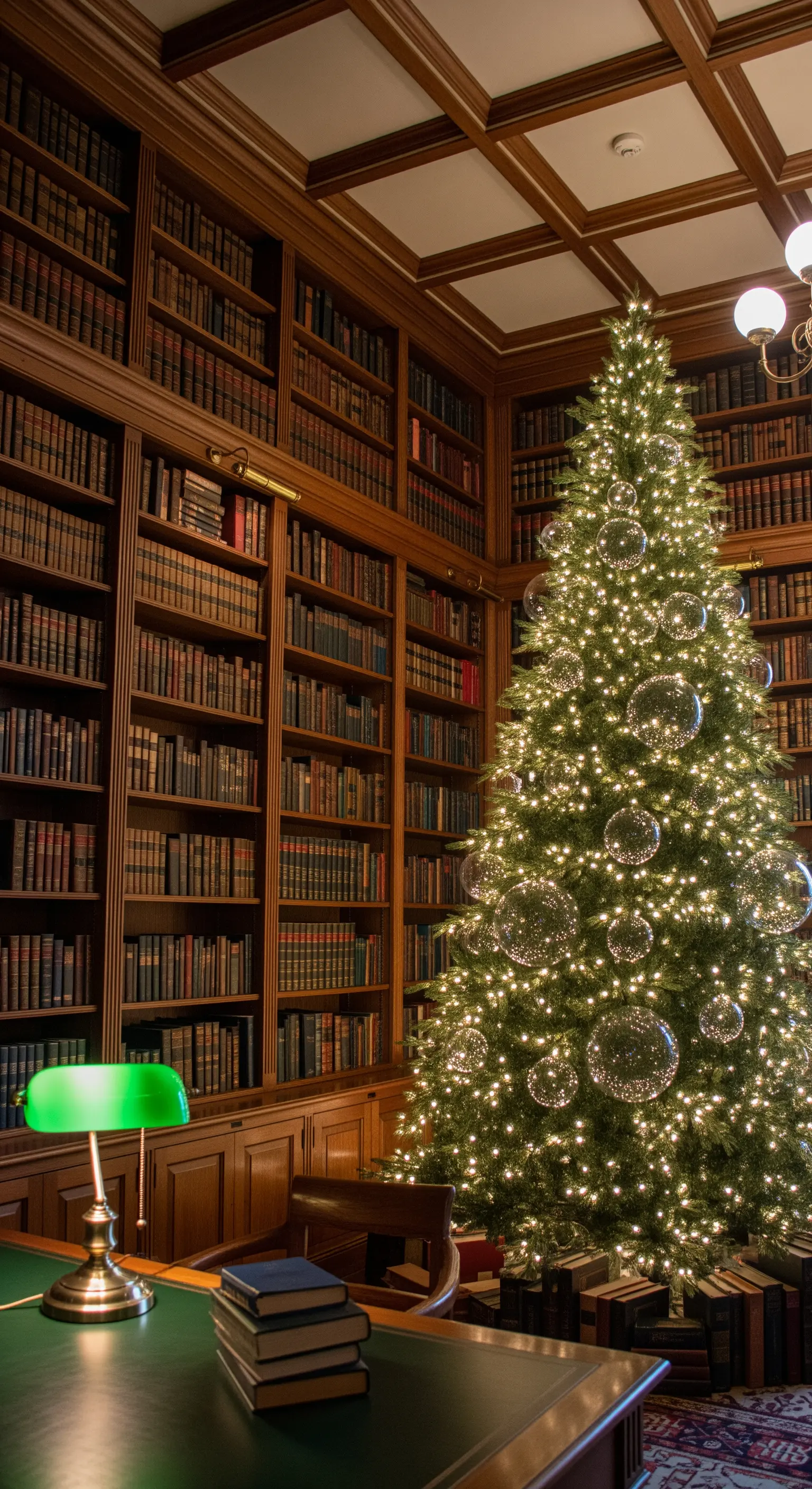 Grande albero di Natale in una biblioteca, decorato con luci calde e sfere di vetro giganti