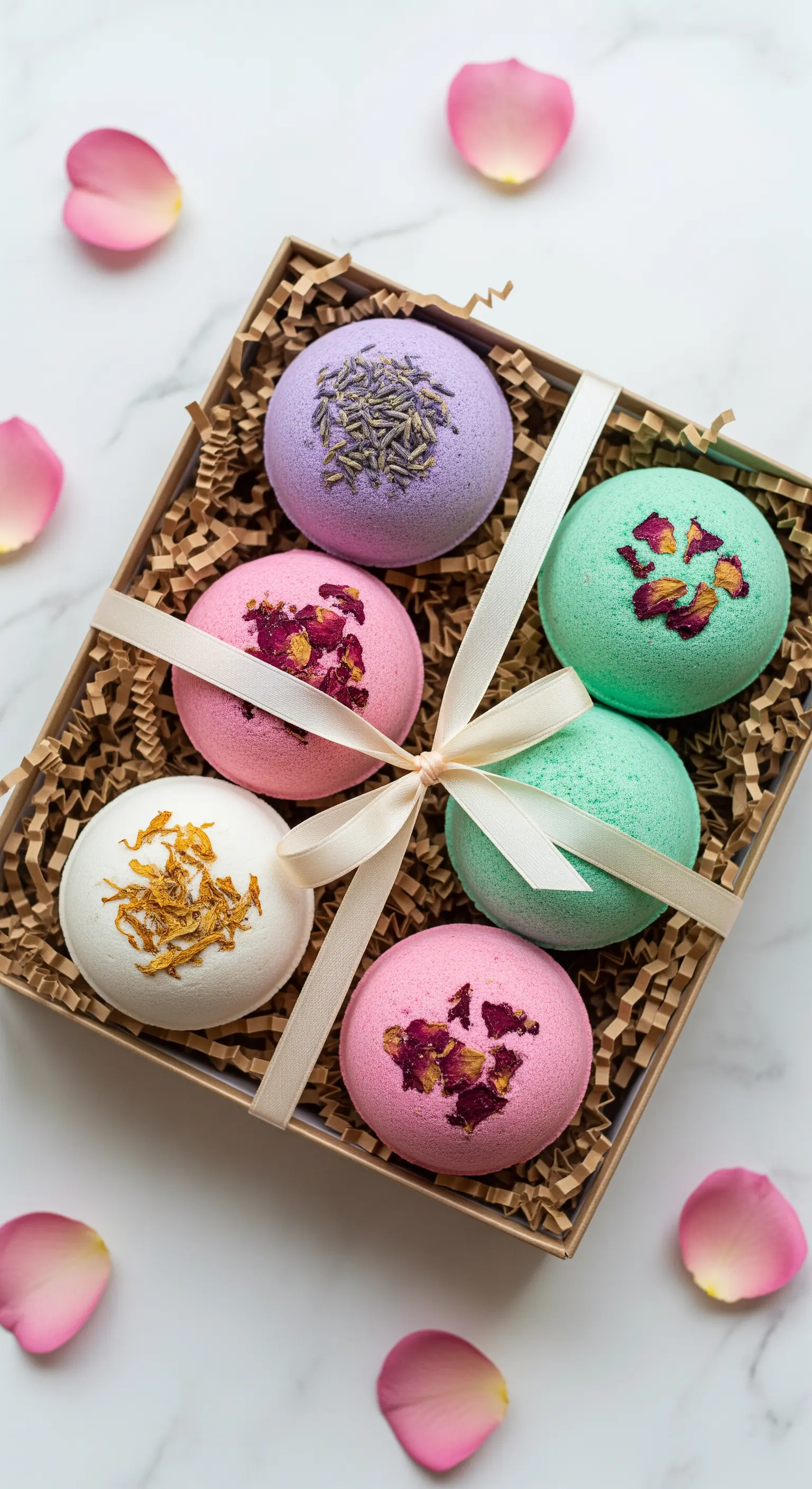 Bombe da bagno colorate fatte a mano con petali di fiori e lavanda in una scatola regalo