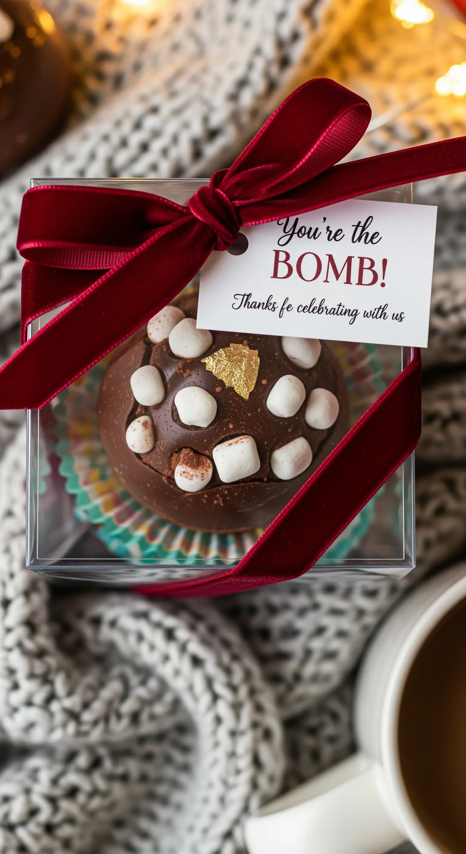 Bomba di cioccolata calda con marshmallow in una confezione regalo con fiocco di velluto.