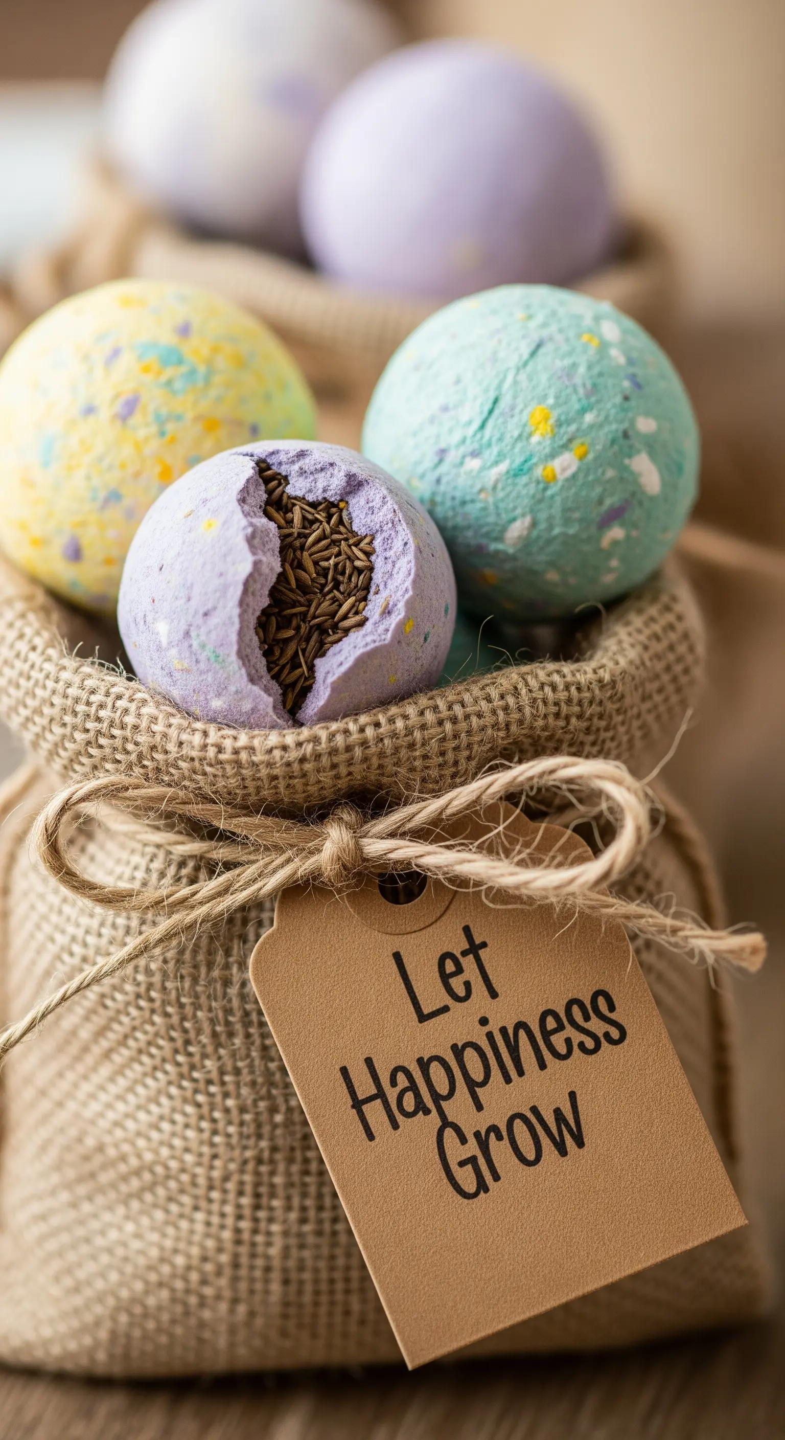 Sacchetto di juta con bombe di semi colorate e un'etichetta personalizzata.