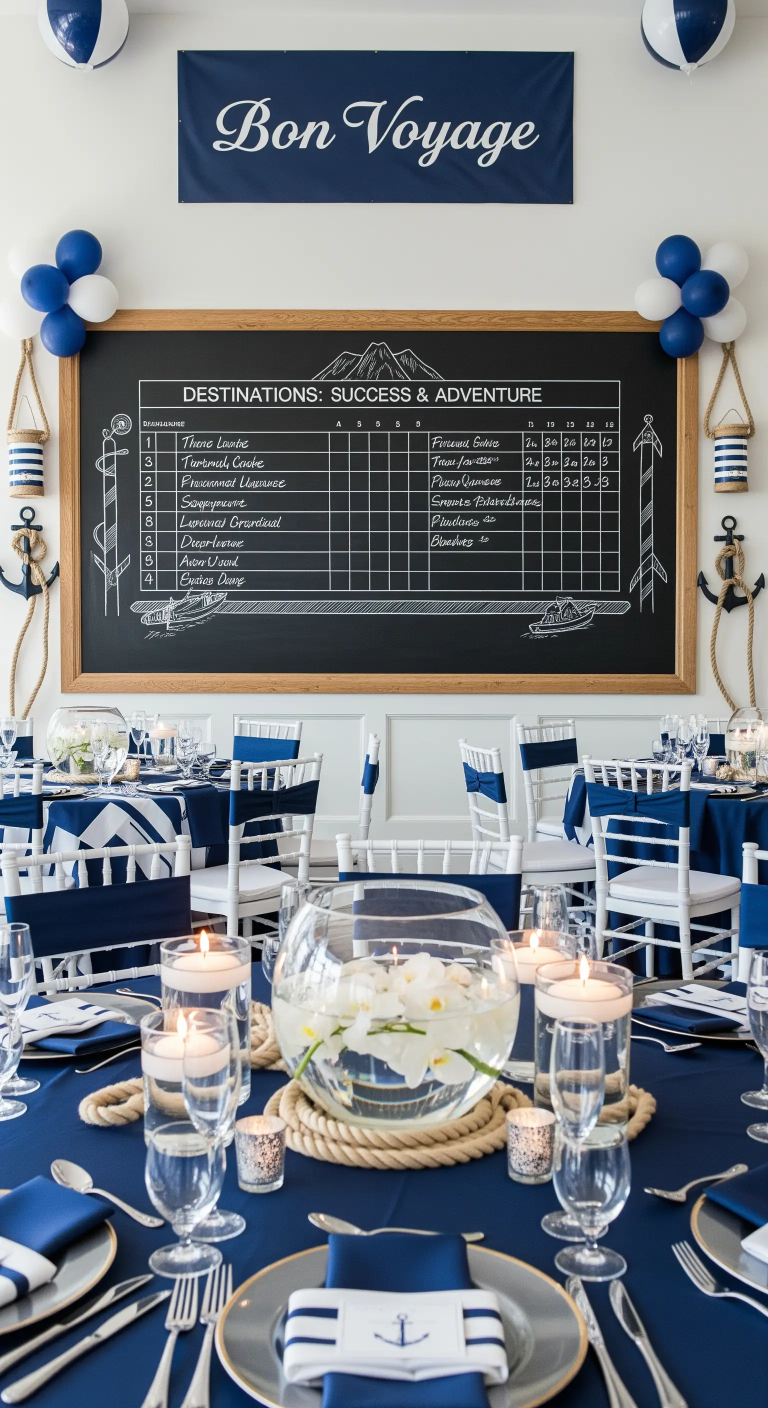 Festa a tema nautico con decorazioni blu e bianche, ancore e una lavagna a tema viaggio.
