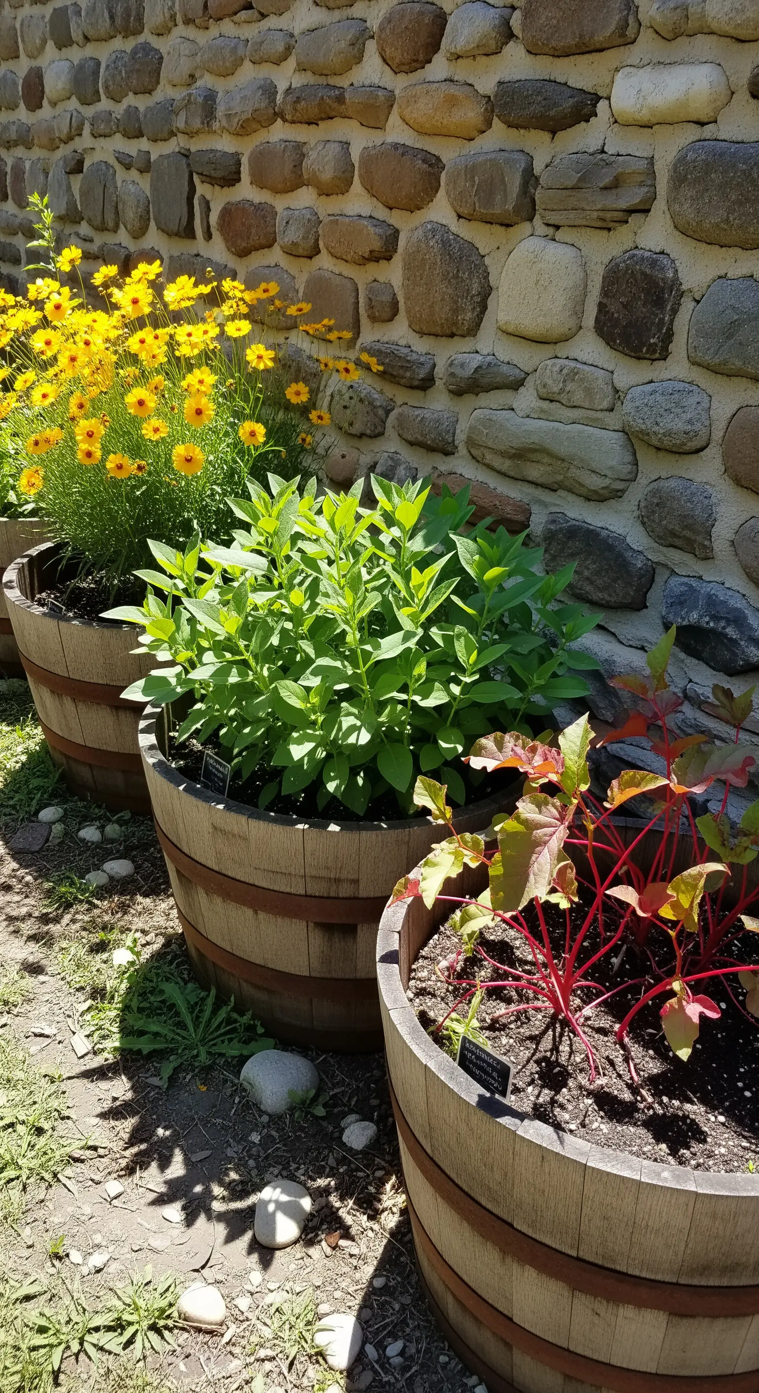 Fila di tre botti di legno usate come fioriere per erbe e fiori gialli, addossate a un muro di pietra