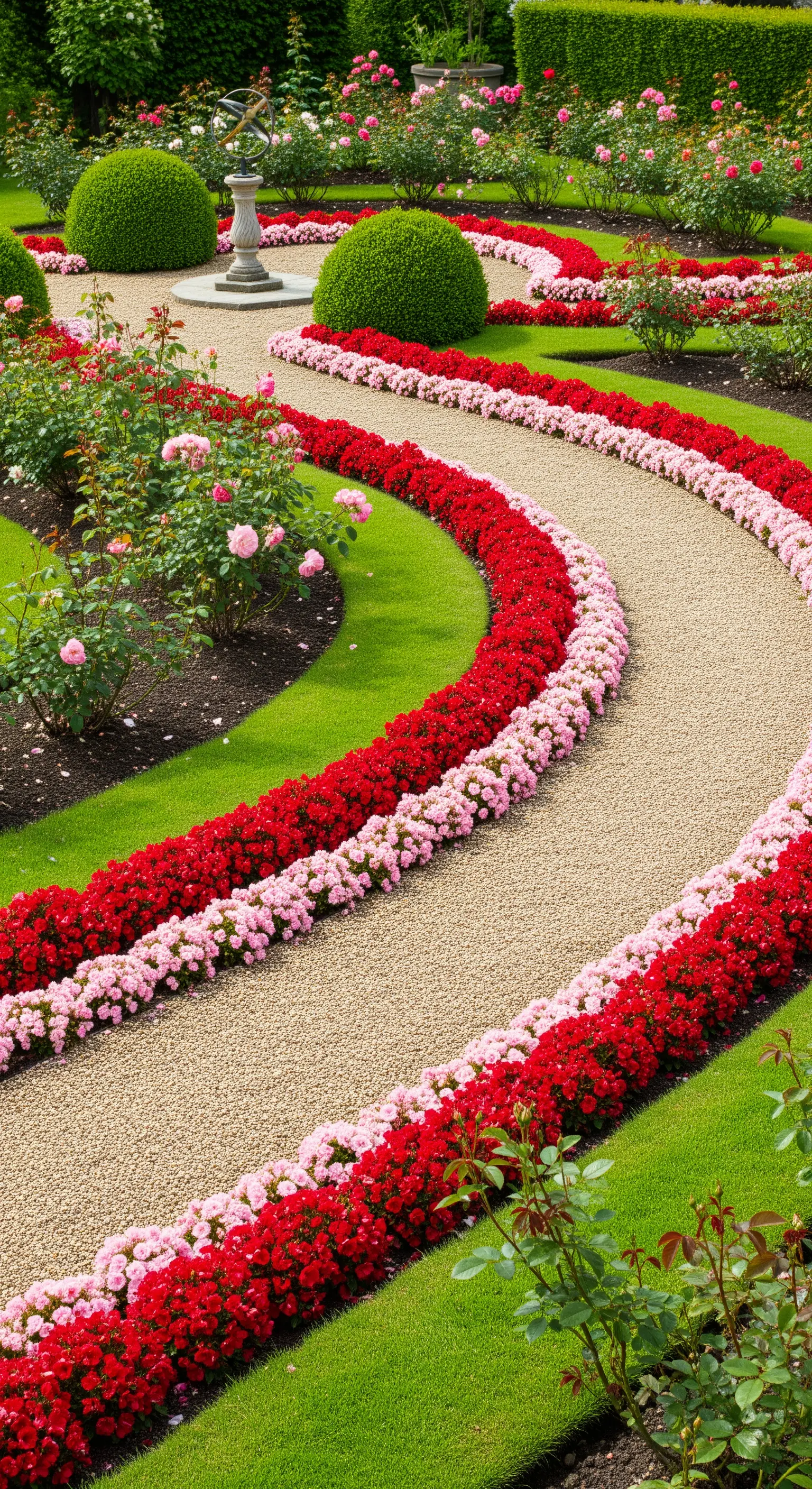 Sentiero curvo in ghiaia definito da bordure di fiori rossi e rosa in un giardino formale.