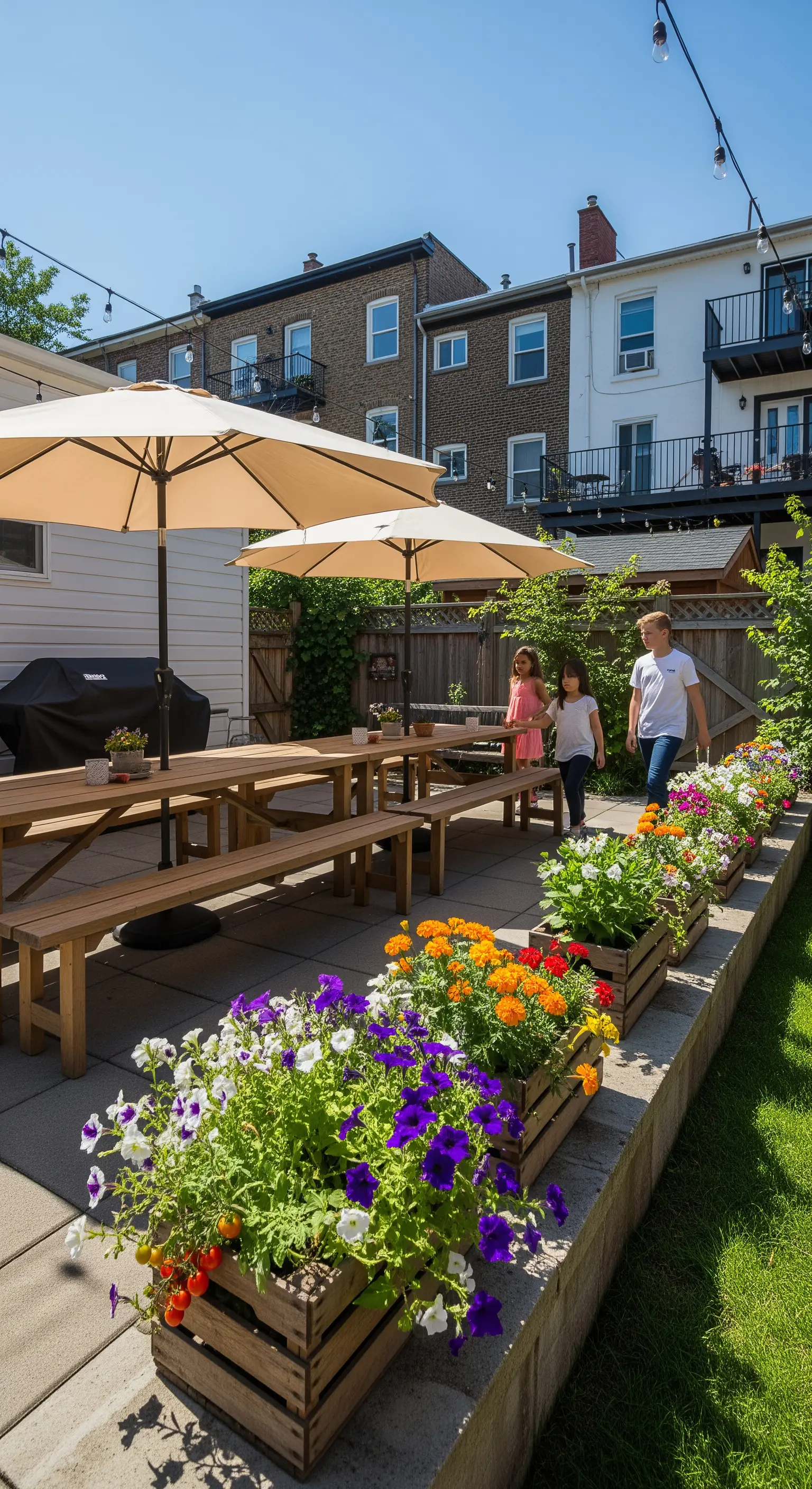 Fioriere realizzate con cassette di legno piene di fiori colorati lungo un patio con tavoli da picnic
