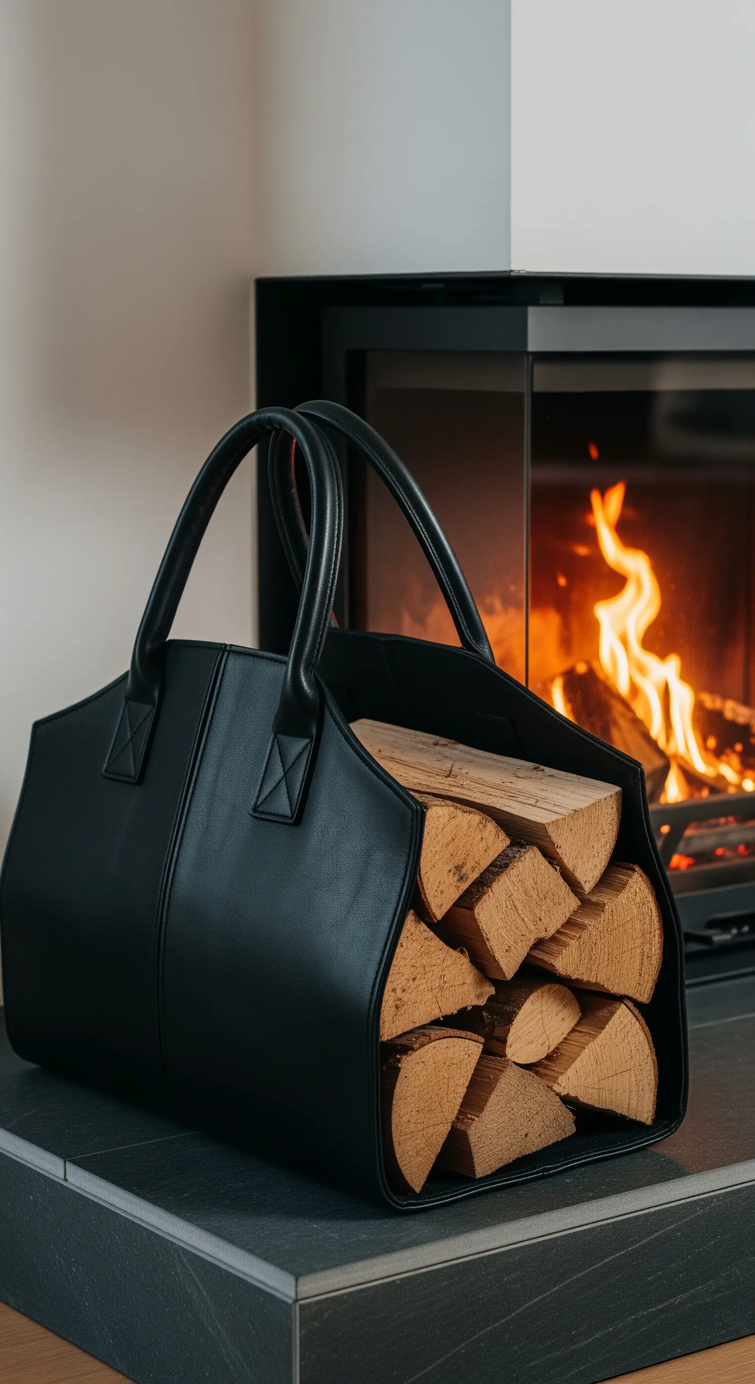 Borsa portalegna in pelle nera piena di ceppi accanto a un camino acceso.