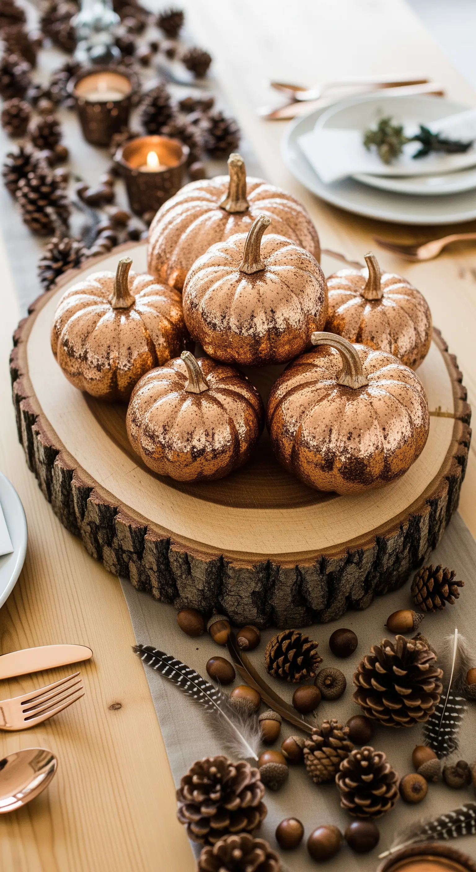 Zucche glitter oro rosa su una fetta di legno con pigne.