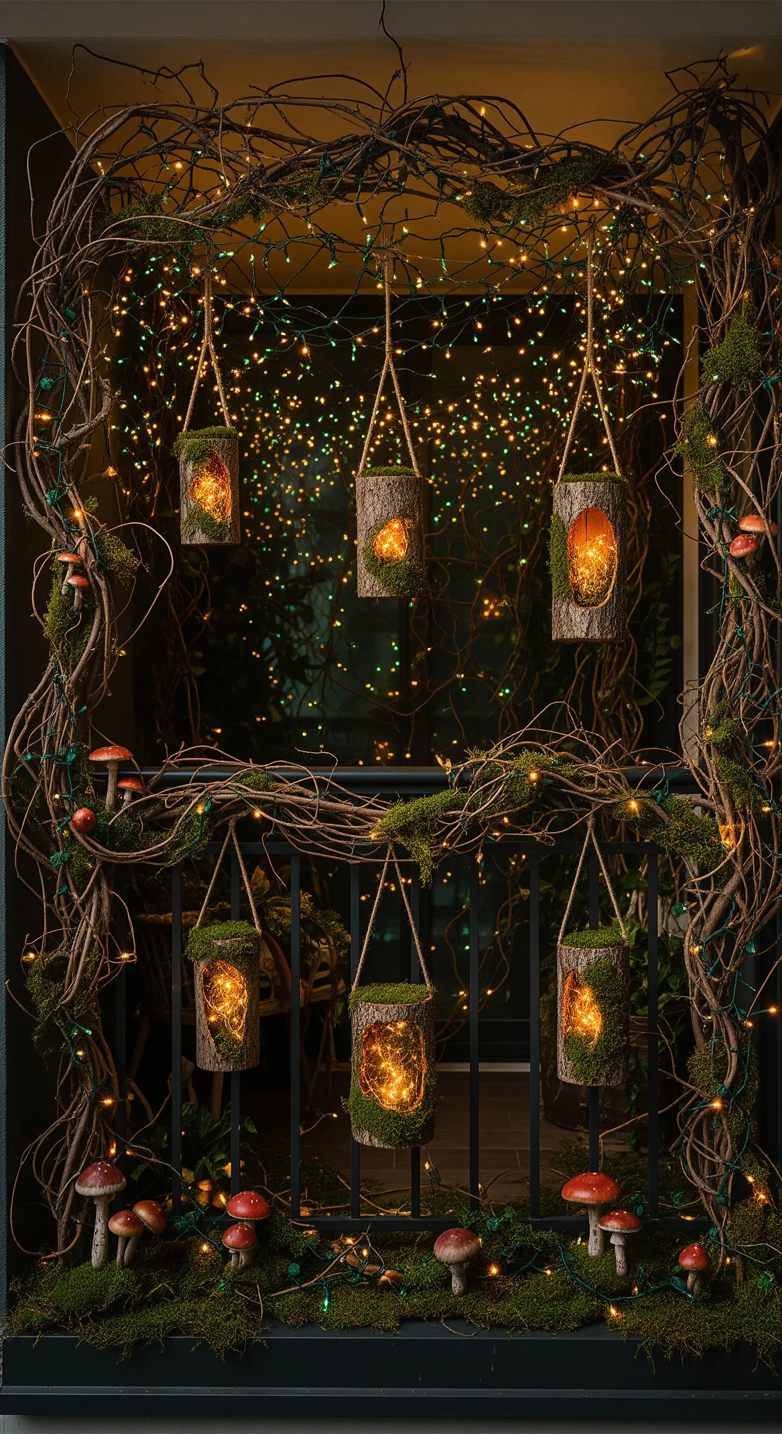 Balcone incorniciato da rami secchi con lanterne fatte di tronchi di legno e luci calde all'interno