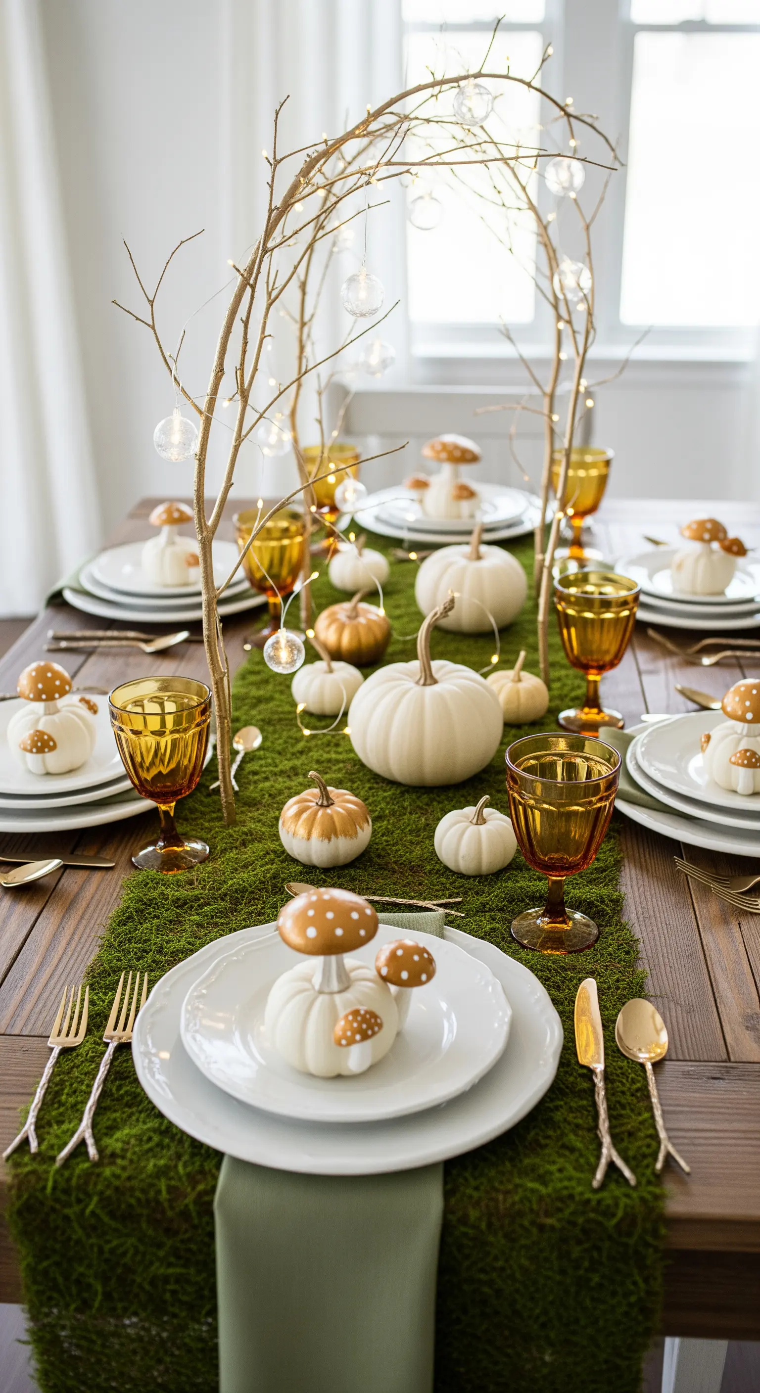 Tavola a tema bosco con runner di muschio, rami dorati con luci e zucche-fungo.