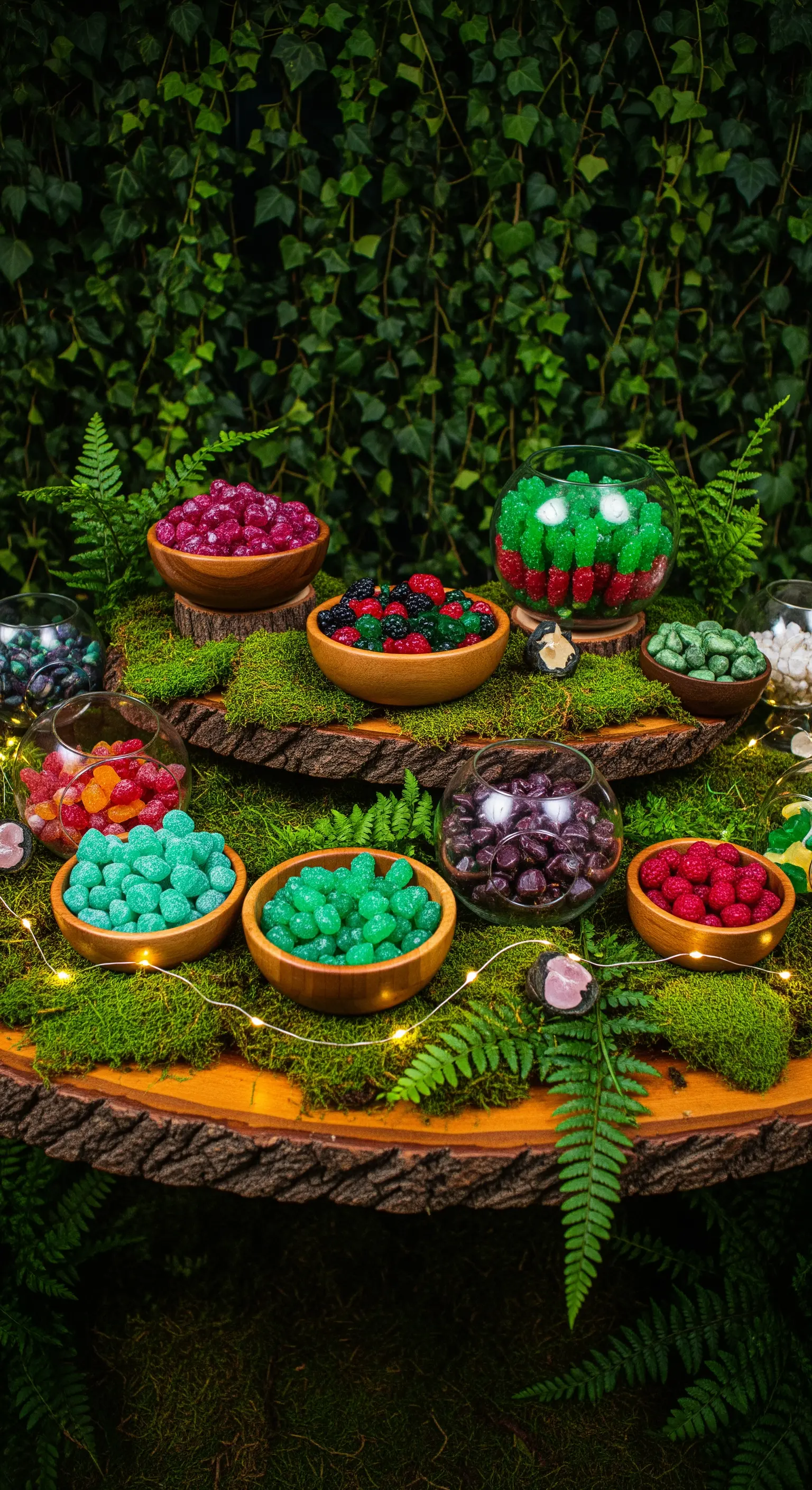 Candy bar a tema bosco con muschio, sezioni di tronco, felci e ciotole di legno