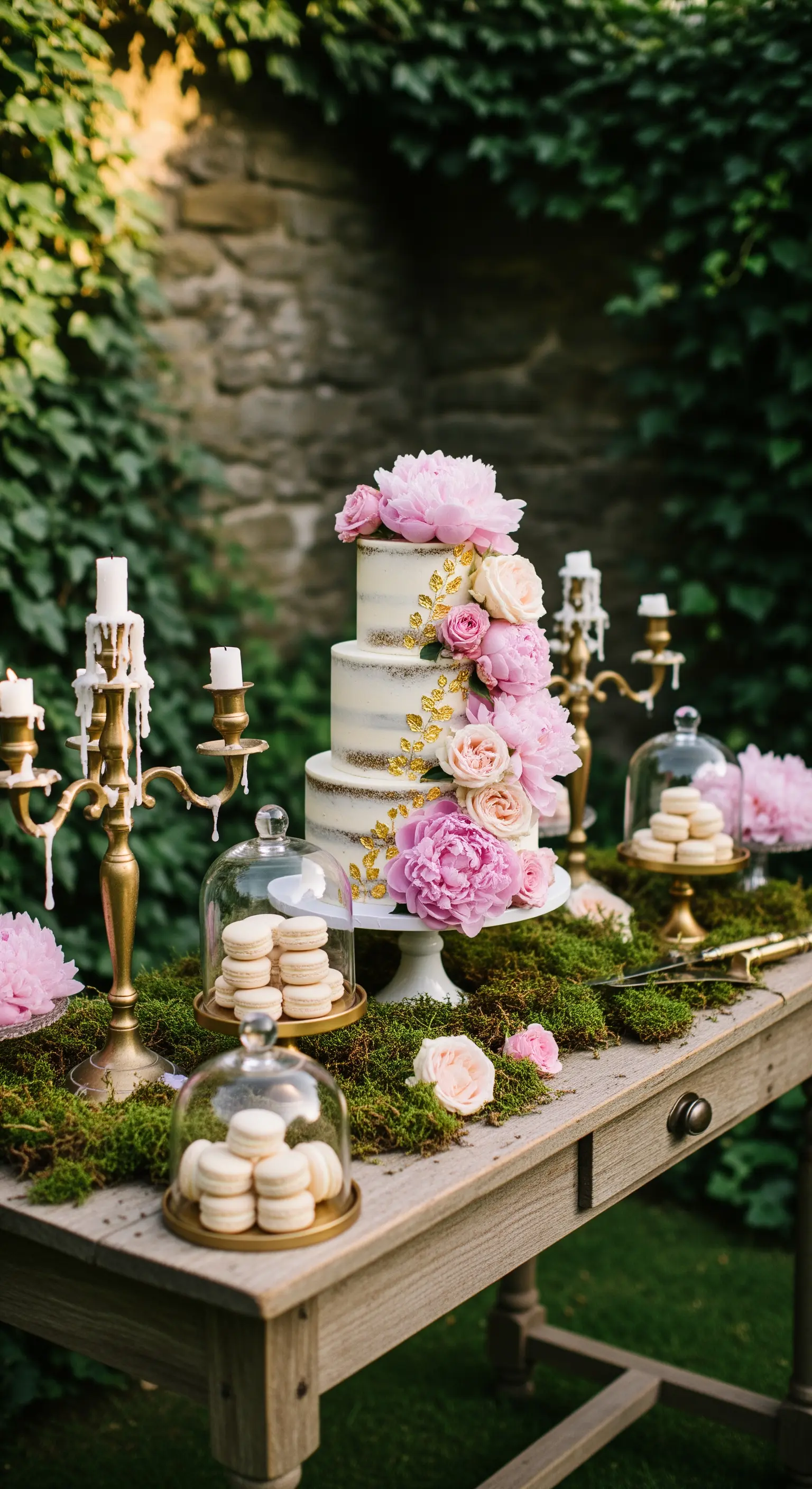 Sweet table rustico con torta a piani decorata con peonie, candelabri dorati e muschio.