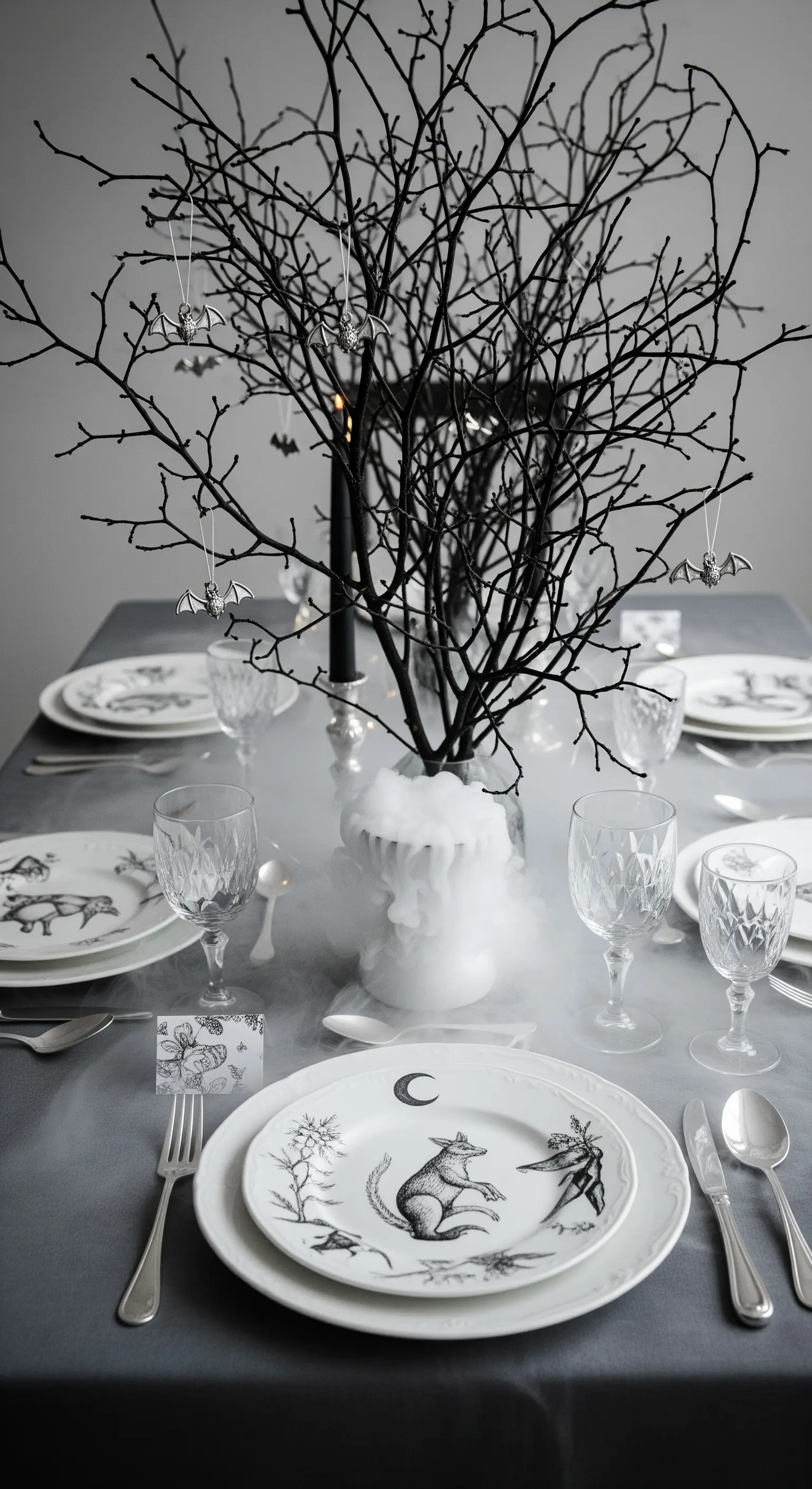 Centrotavola con rami neri e pipistrelli, circondato da fumo basso su una tavola grigia.
