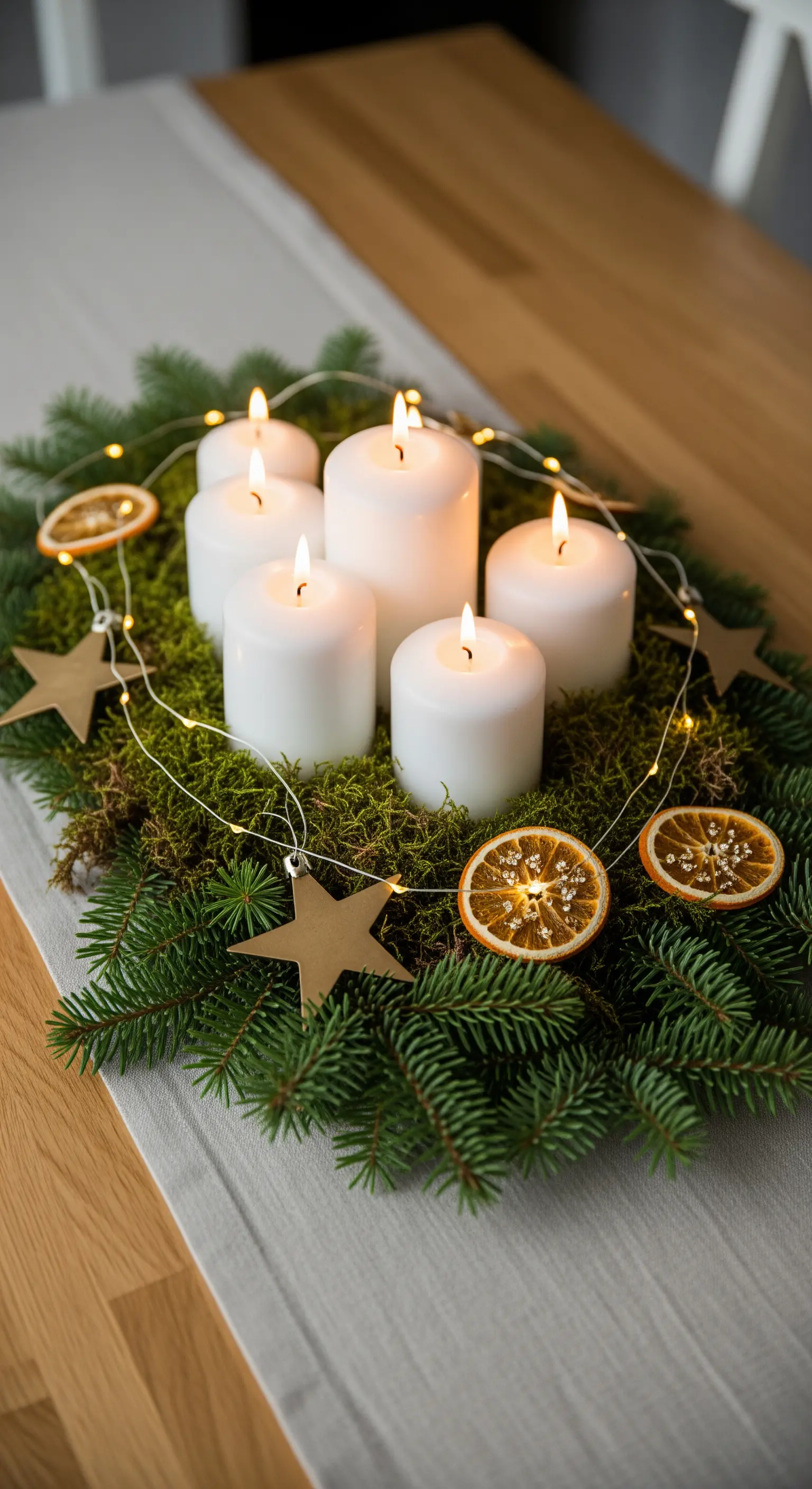 Centrotavola con candele su muschio, arance essiccate, pino e lucine a stella.