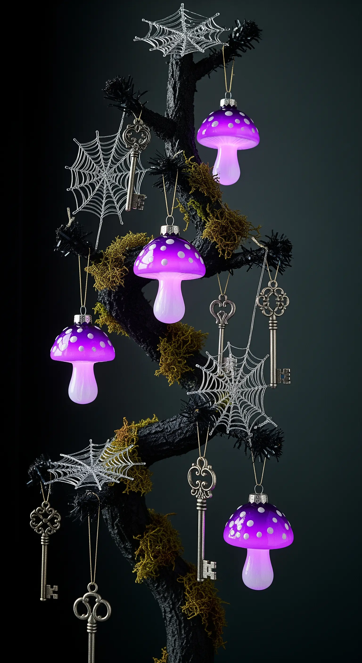 Ramo nero decorato con funghi luminosi viola, ragnatele e chiavi antiche.