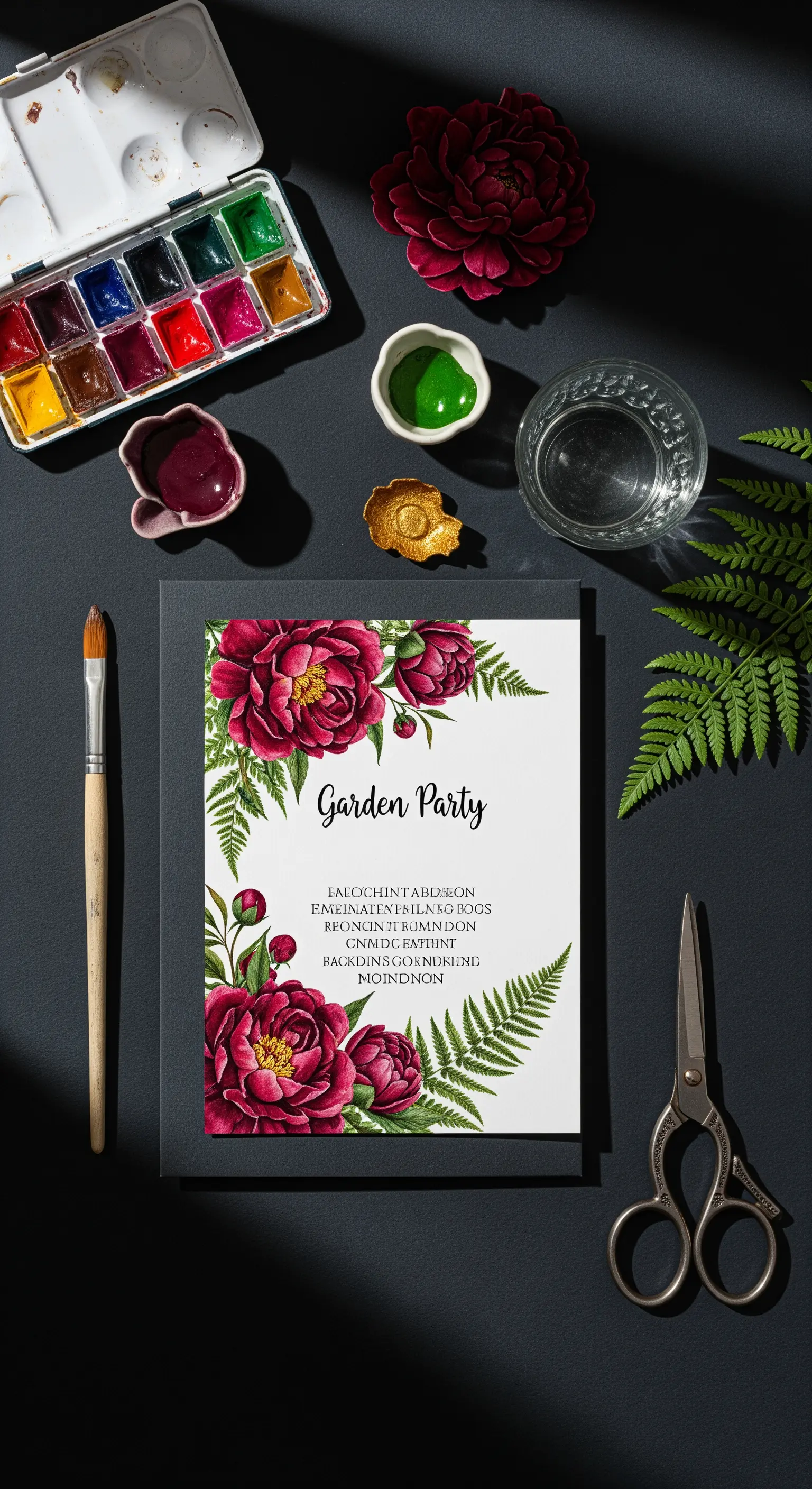 Invito per un garden party con peonie rosse acquerellate su sfondo scuro.