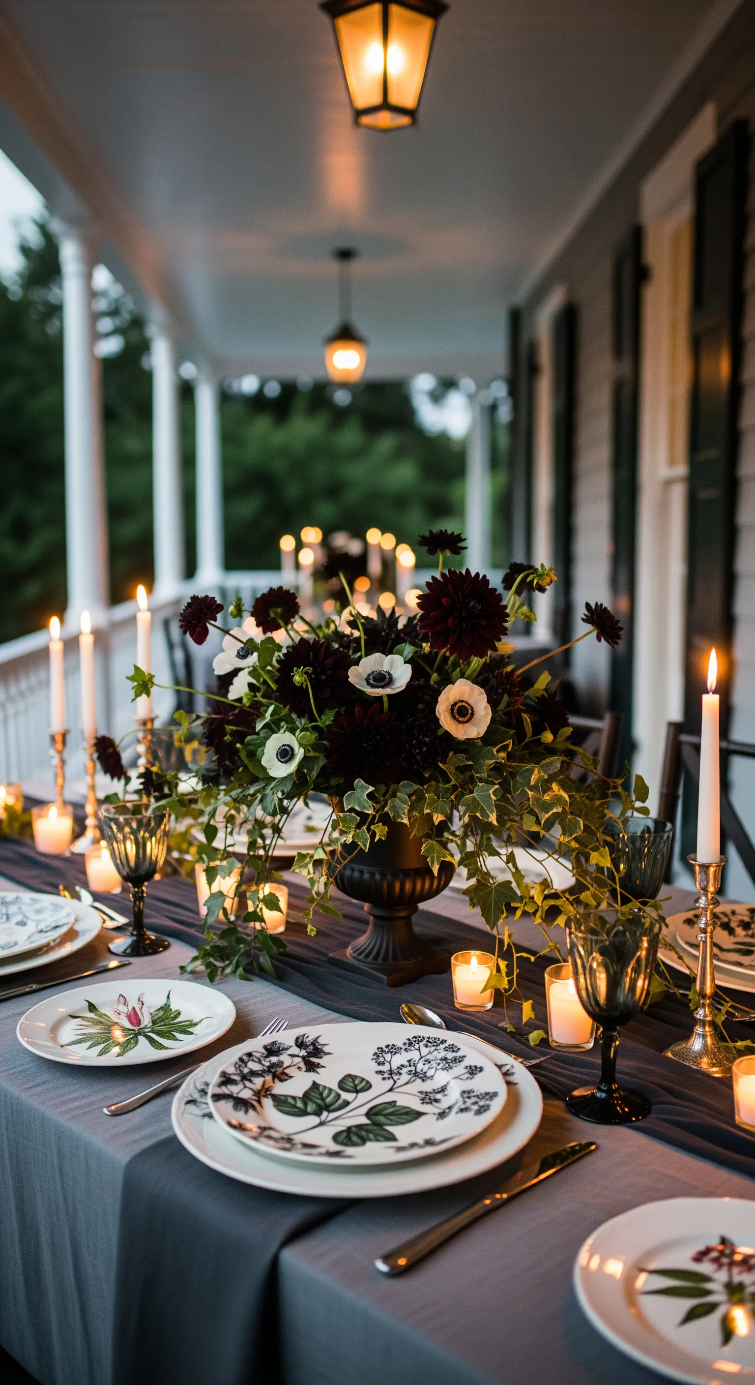 Tavola all'aperto con fiori scuri, candele e piatti con illustrazioni botaniche.