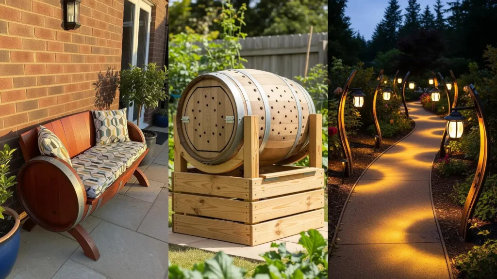 Progetti DIY: panca e fioriera da botti di vino reinventate per il giardino, con idee creative e scenografiche per esterni.