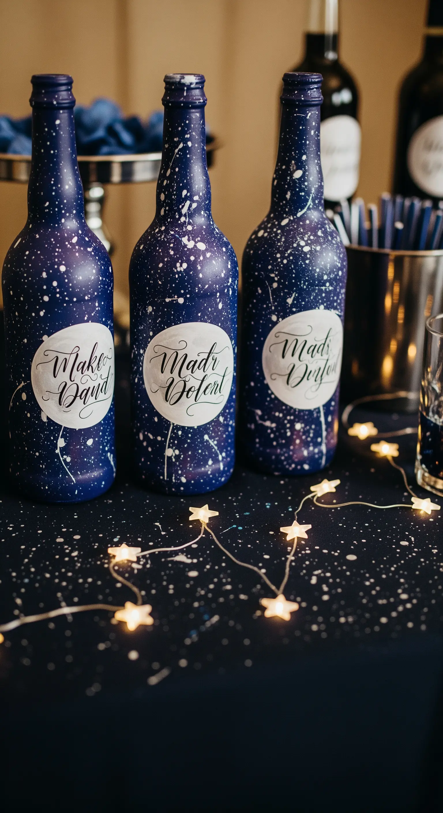 Bottiglie dipinte di blu notte con schizzi di vernice bianca a effetto galassia e luci a forma di stella.