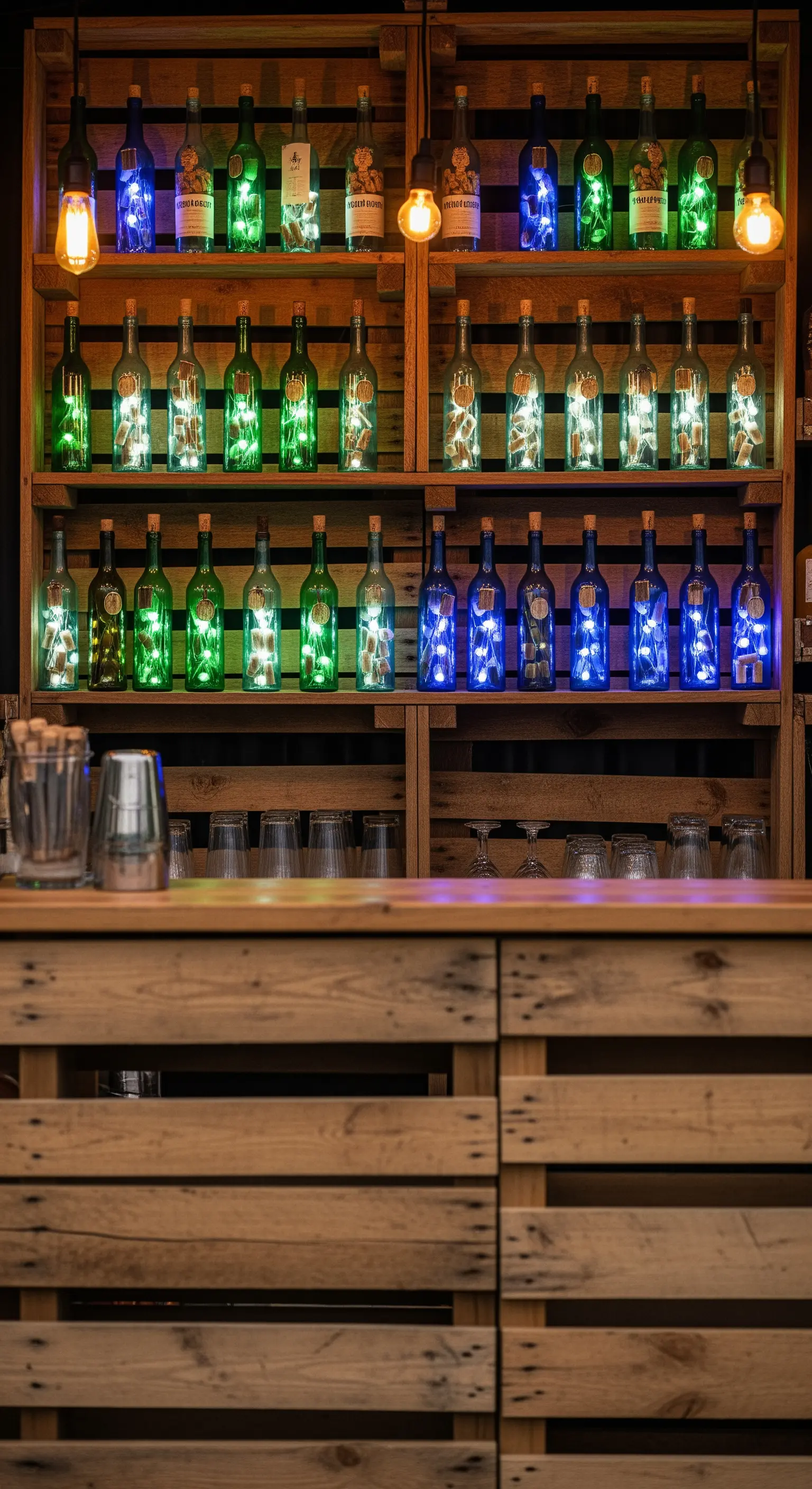 Bottiglie di vetro colorate su scaffali di legno, illuminate dall'interno con lucine.