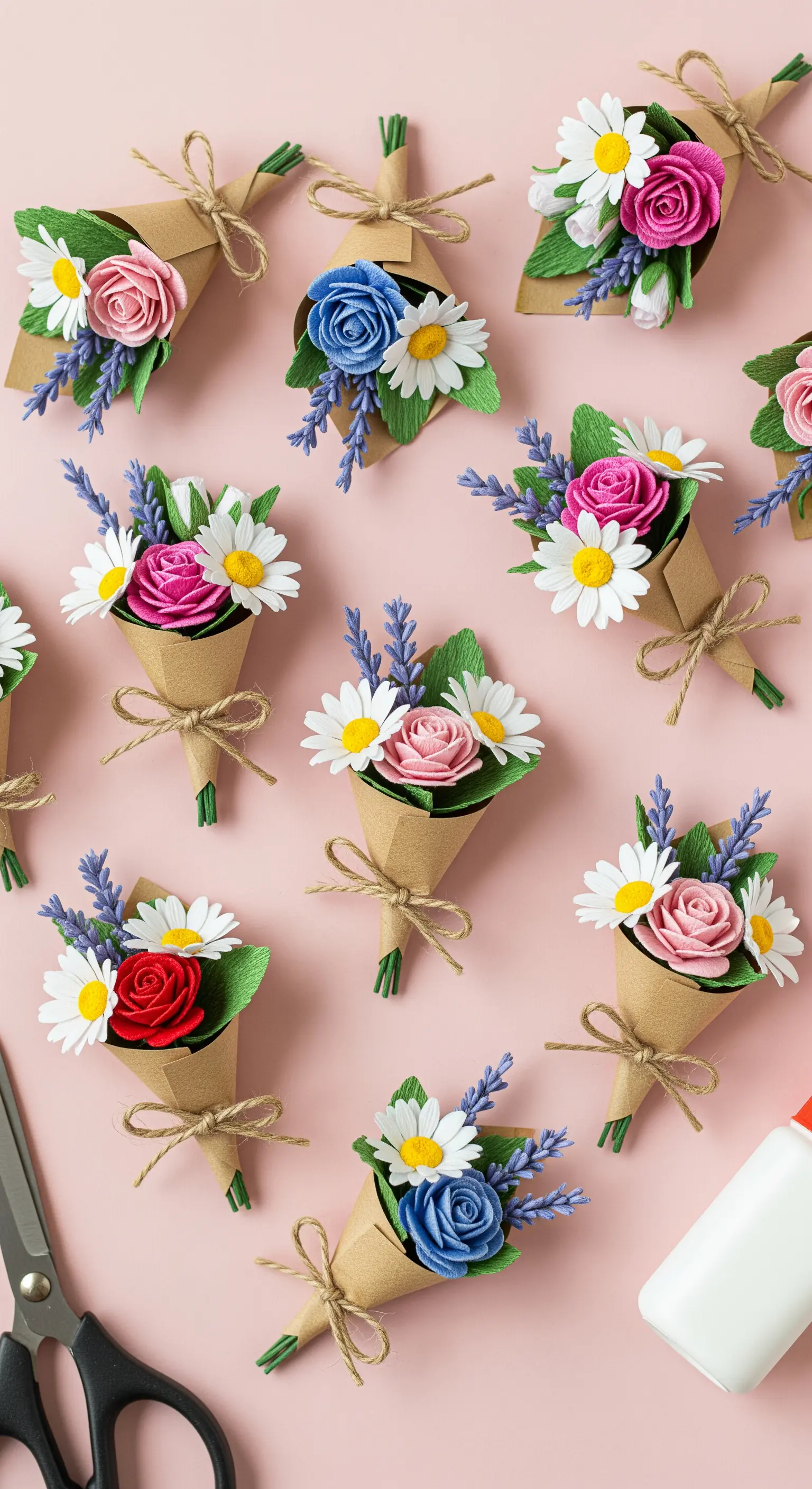 Piccoli bouquet di fiori di carta colorati fatti a mano su sfondo rosa