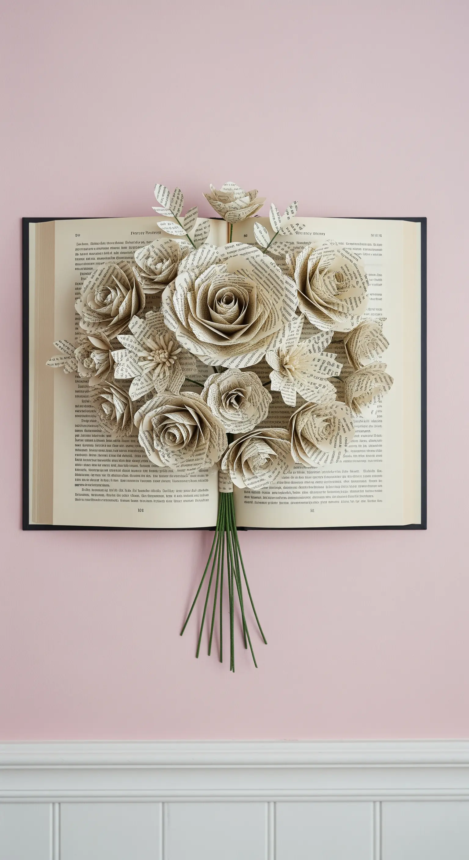 Bouquet di rose e altri fiori realizzati interamente con pagine di libri e montati su steli verdi.