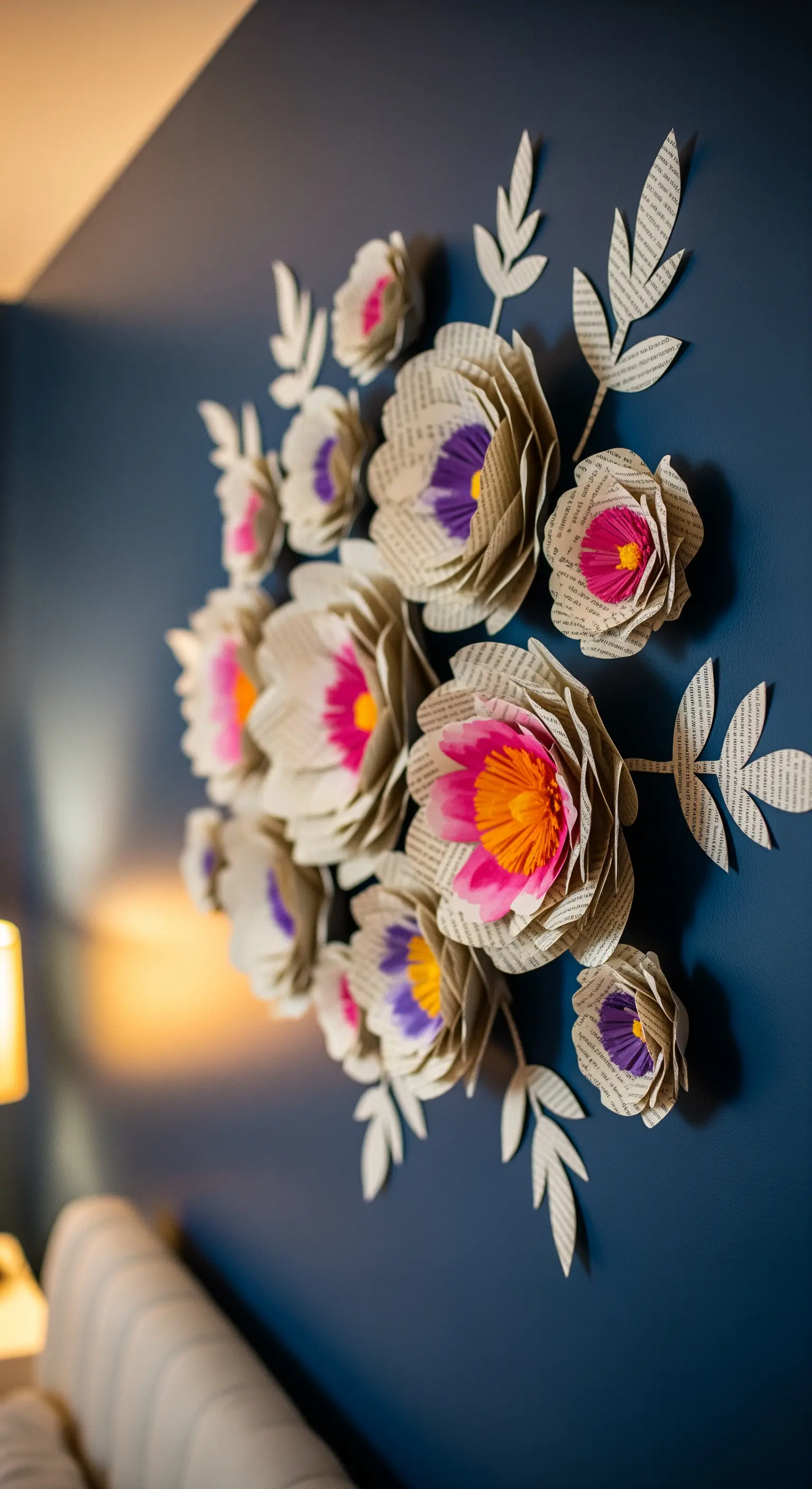 Fiori di carta tridimensionali realizzati con pagine di libro e centri colorati, su una parete blu.