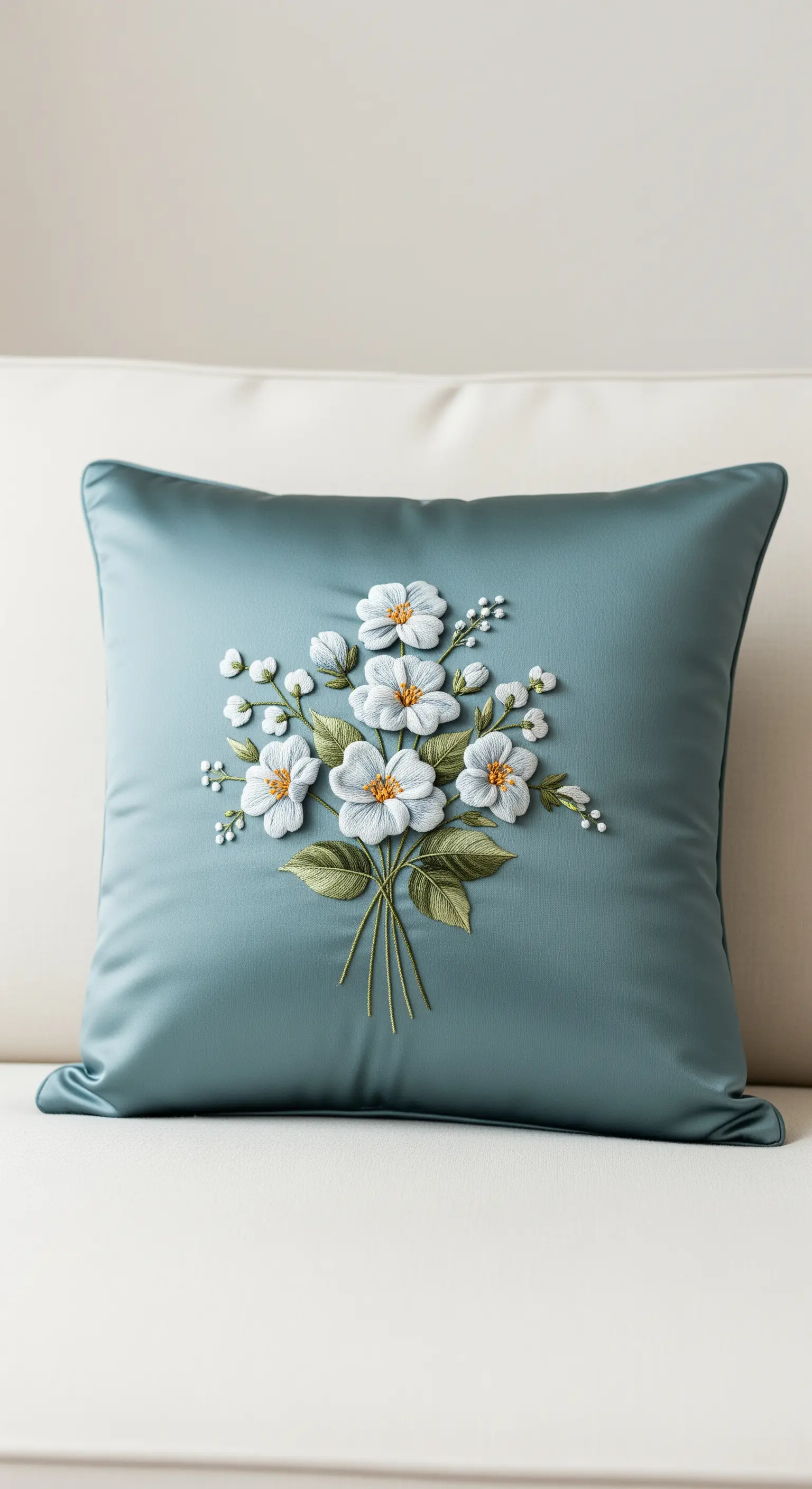Cuscino in raso verde salvia con un bouquet di fiori bianchi ricamati in rilievo.
