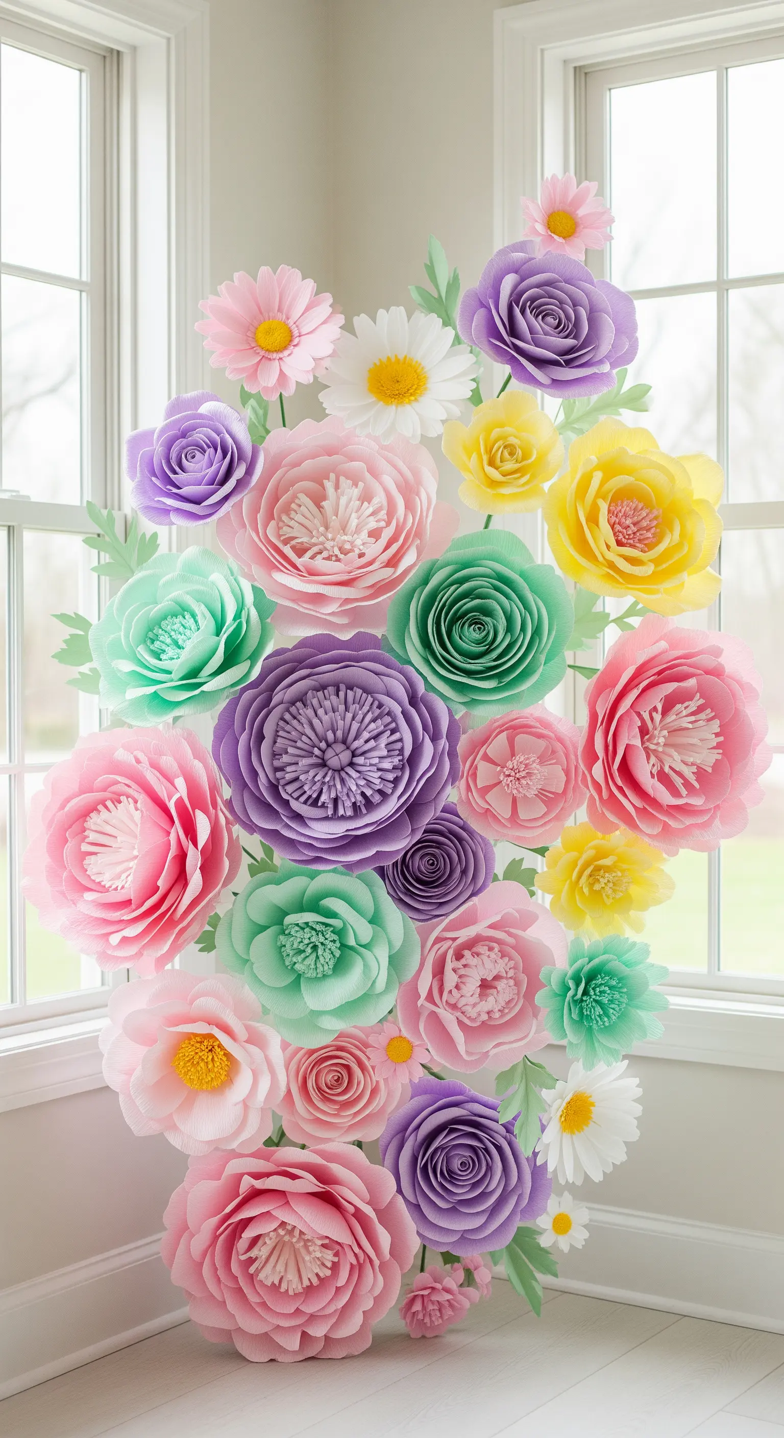 Composizione verticale di fiori di carta crespa in colori pastello davanti a una finestra.