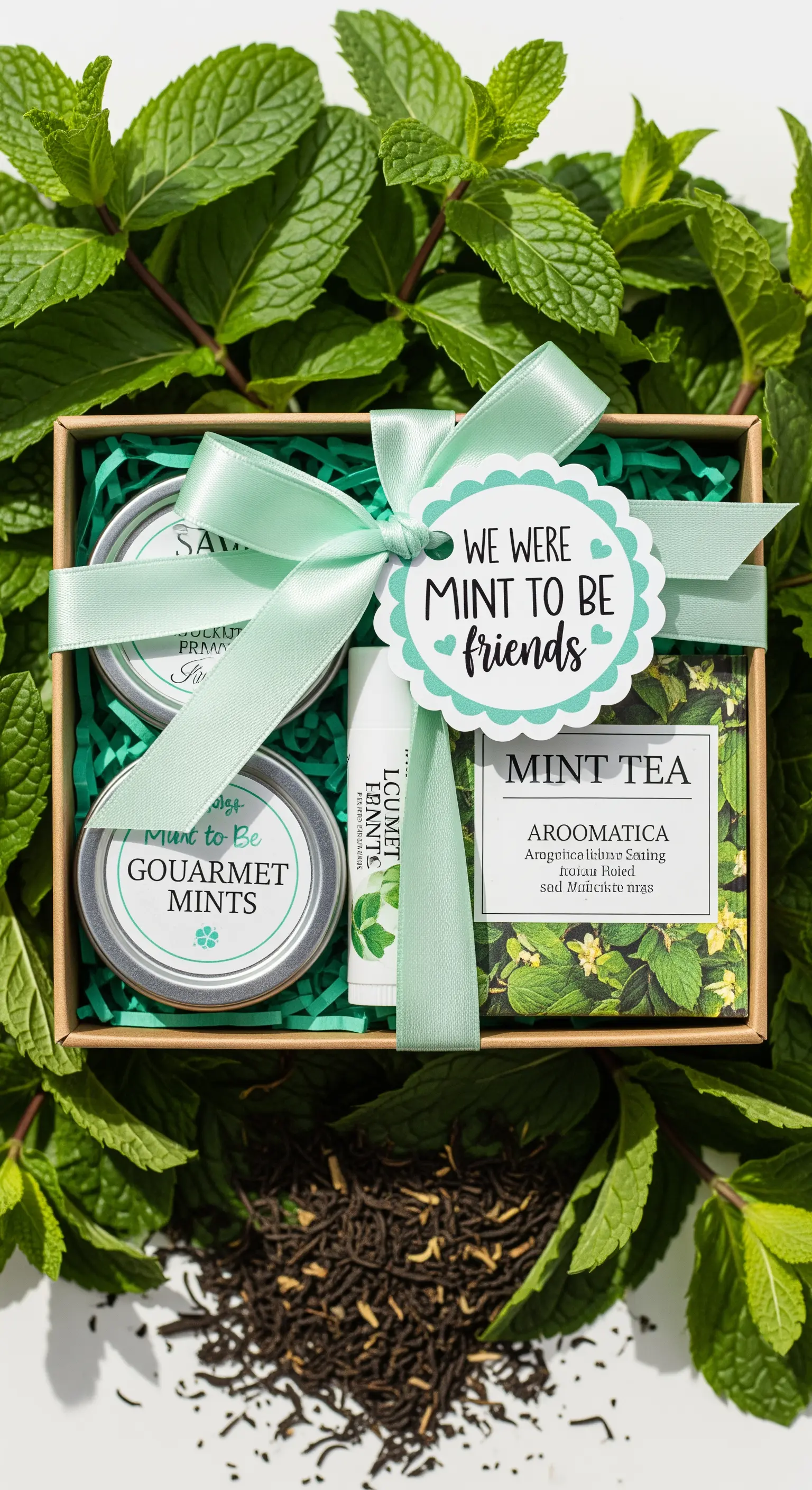Confezione regalo a tema menta con tè, caramelle e un'etichetta 