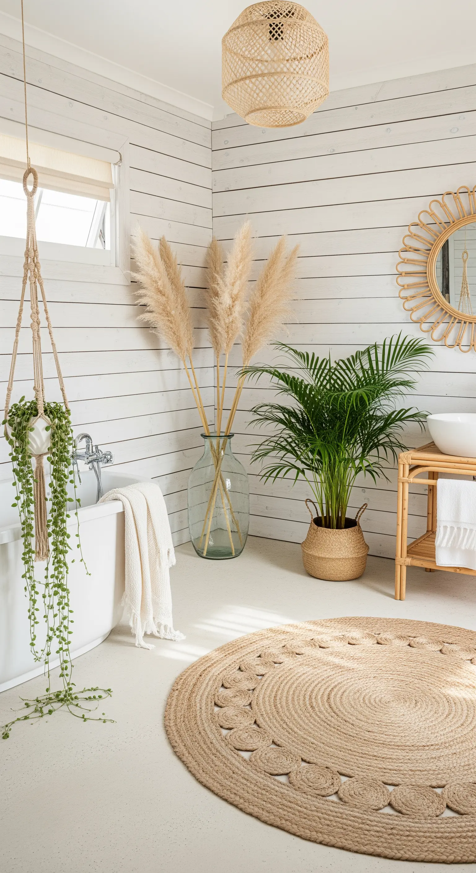 Bagno in stile boho con pianta sospesa in macramè, pampas e tappeto di juta.