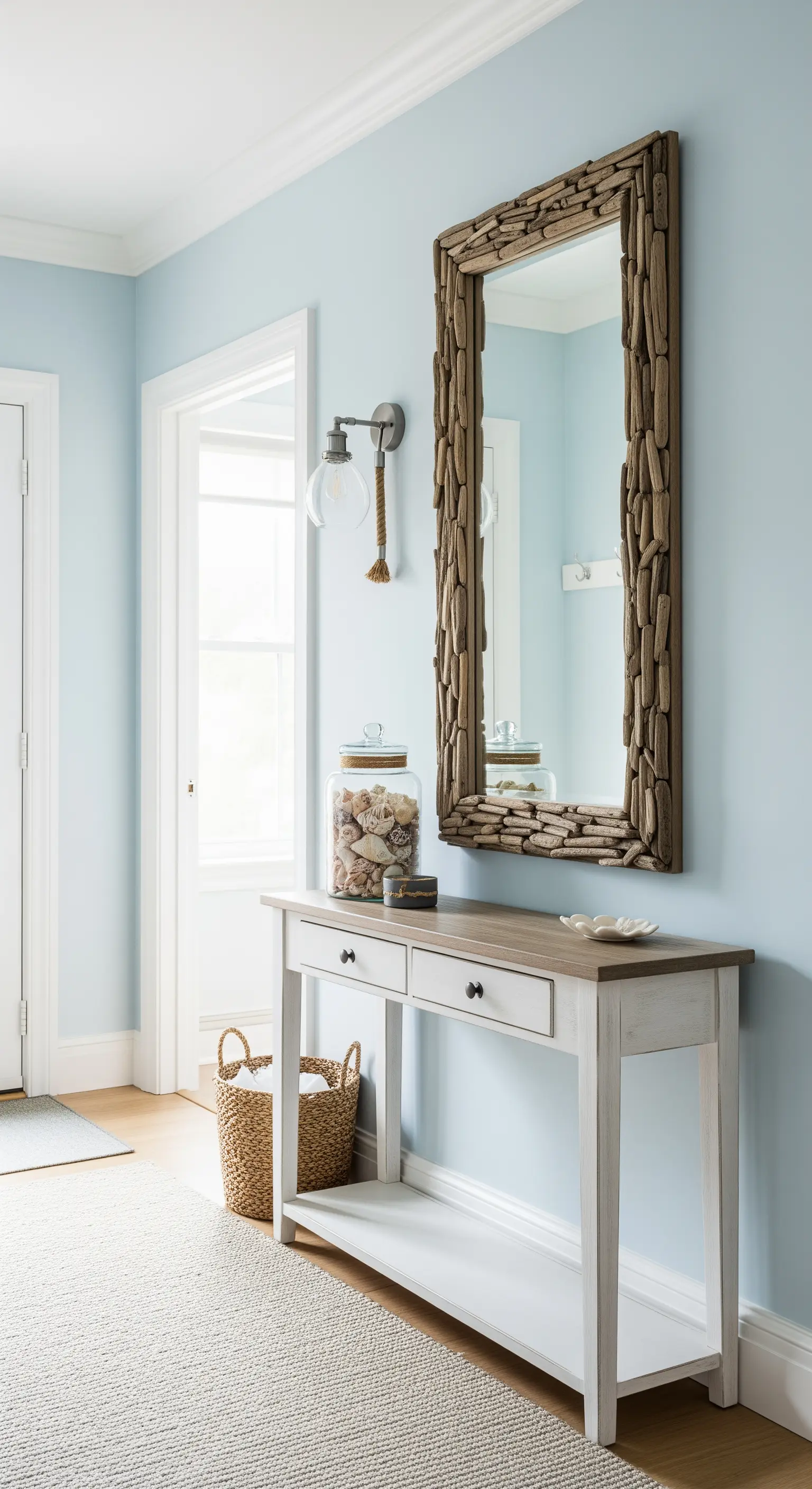 Ingresso in stile coastal con pareti azzurre, consolle bianca e specchio con cornice in legno.
