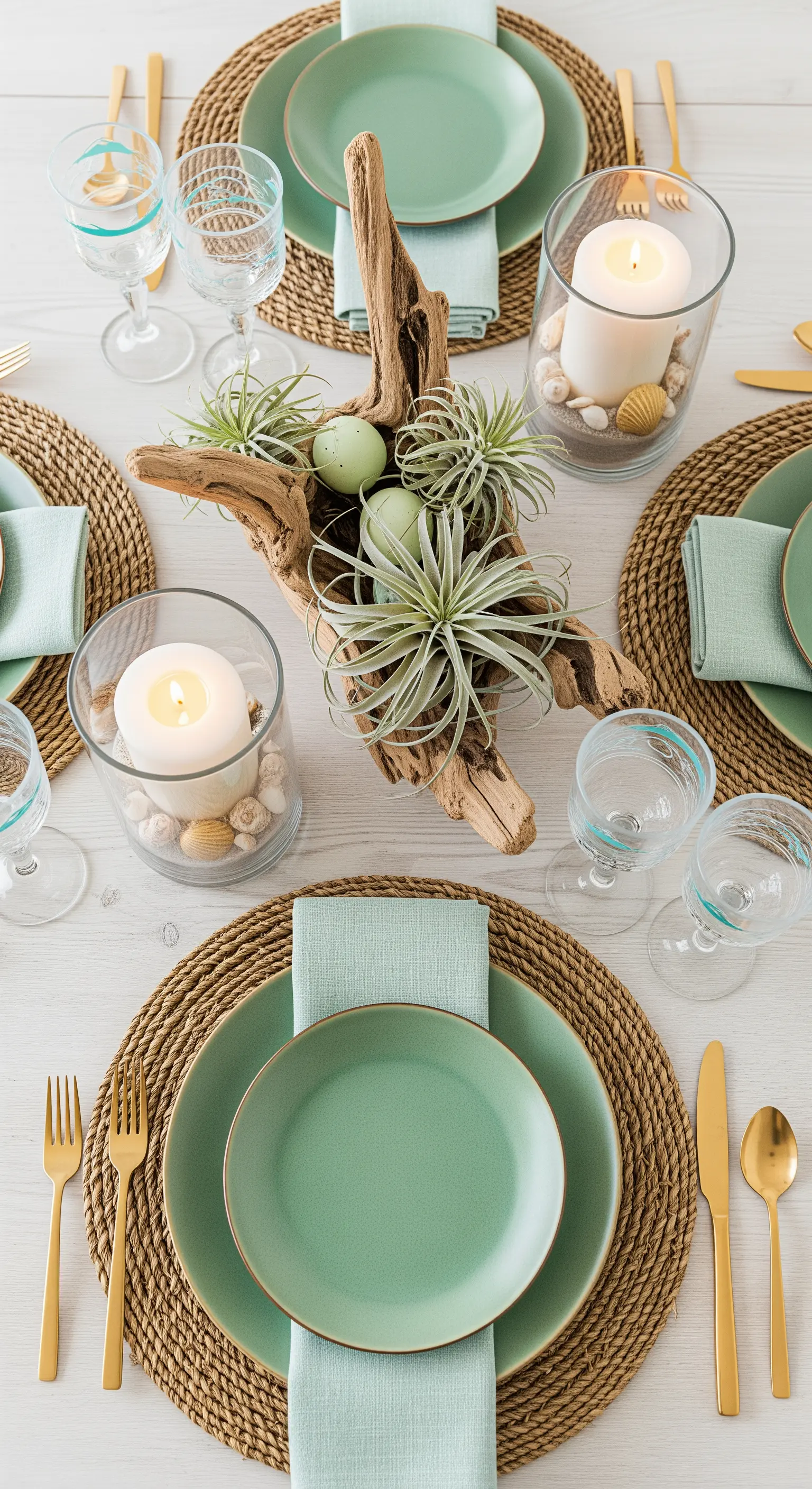 Tavola pasquale a tema marino con tovagliette in rafia, legno e piante aeree.