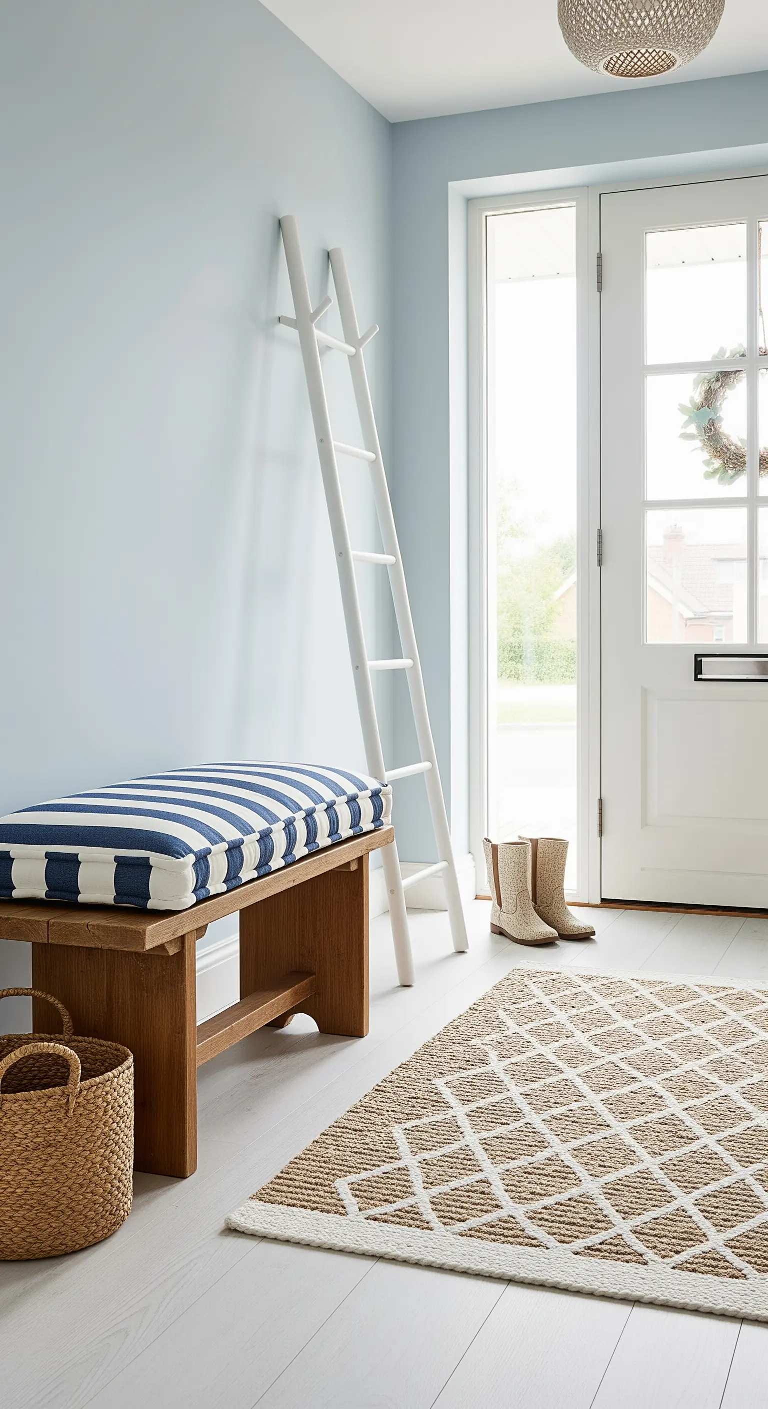 Ingresso in stile costiero con pareti azzurre, panca a righe e tappeto in juta.