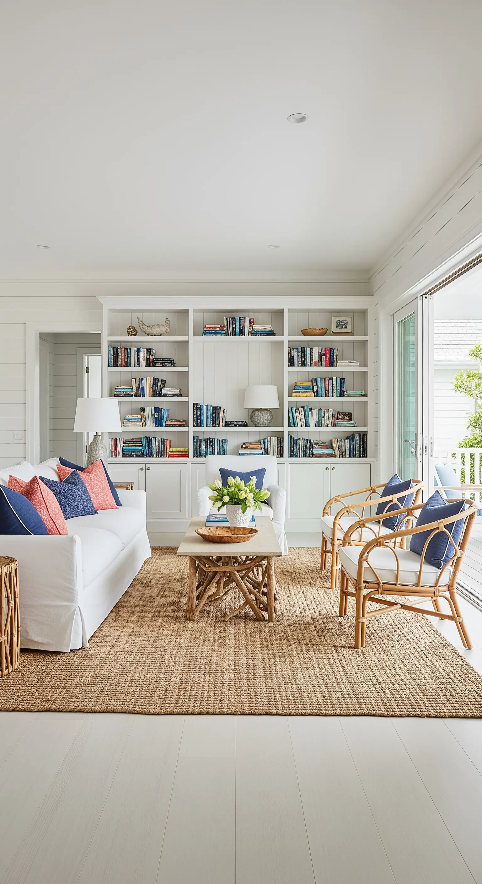 Salotto stile costiero con libreria bianca, divano bianco e poltrone in rattan.