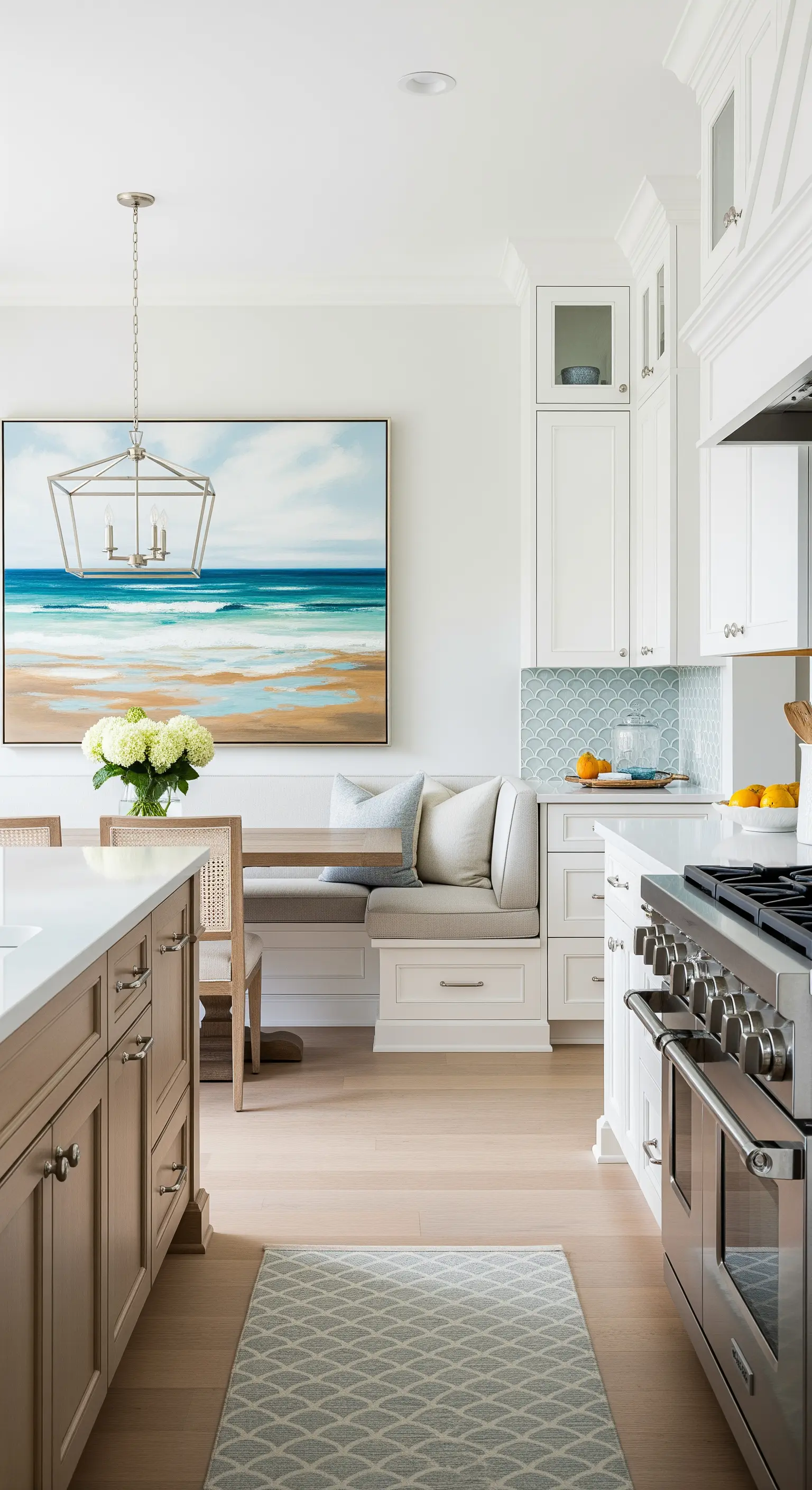 Cucina con panca, piastrelle azzurre e un quadro che ritrae una spiaggia.