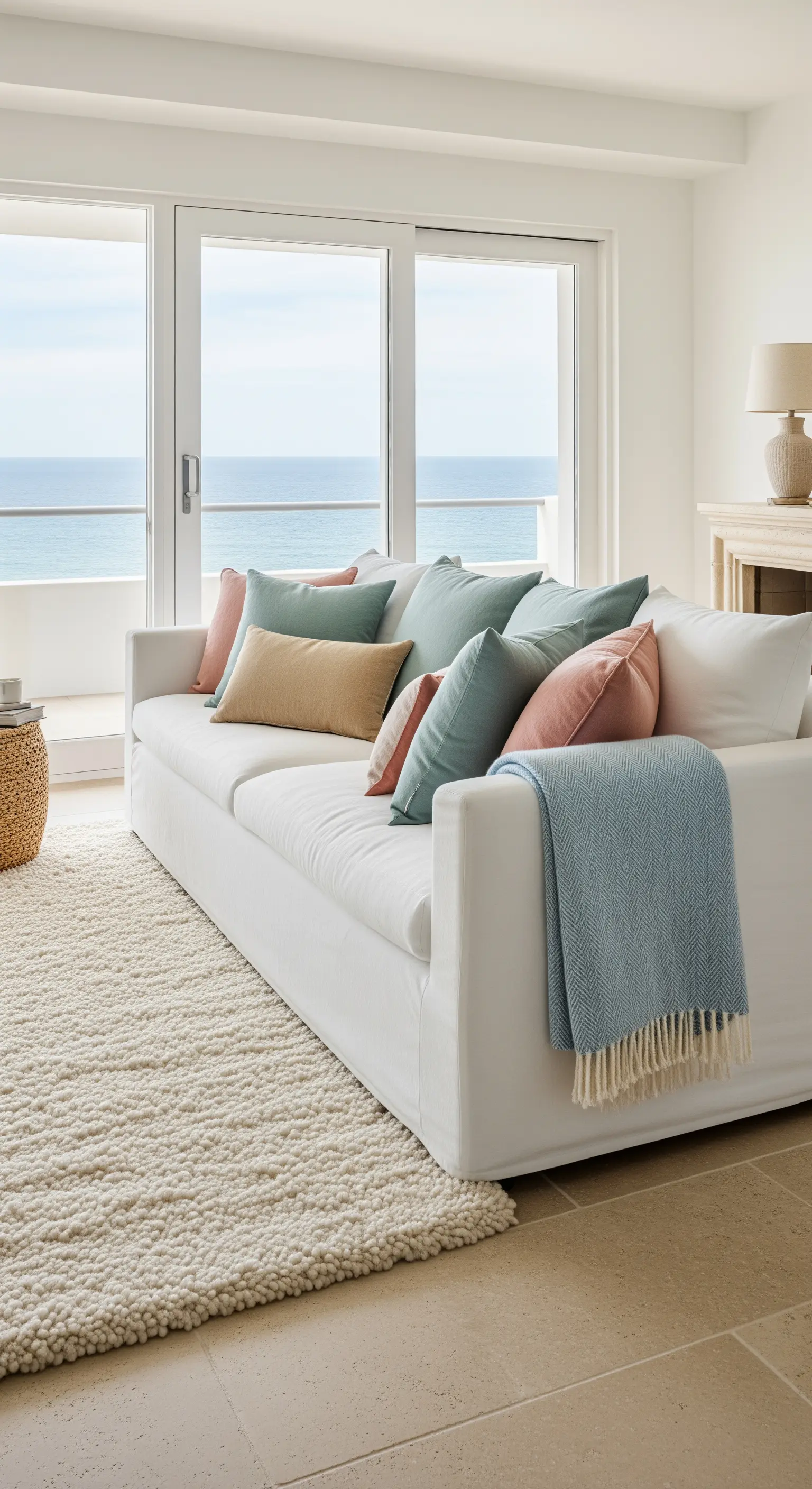 Divano bianco con cuscini color pastello e tappeto avorio, con vista sull'oceano.