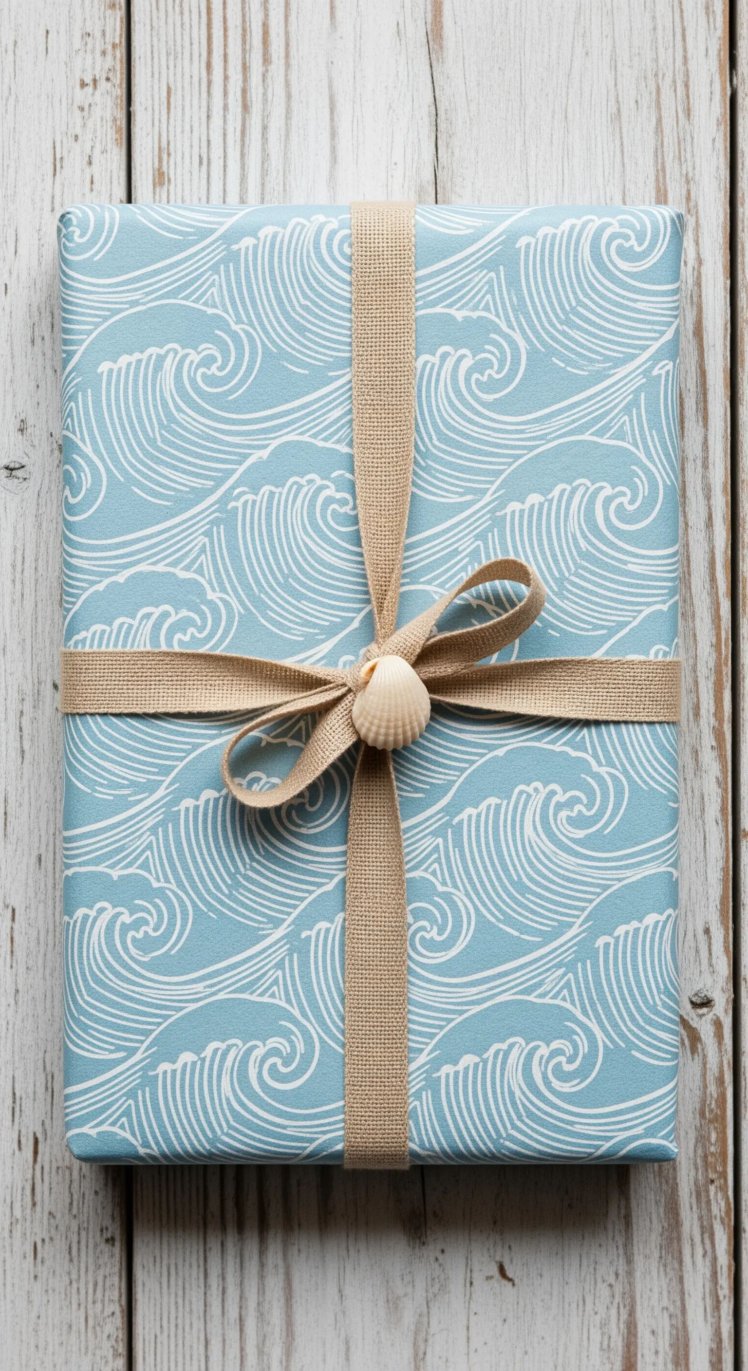 Regalo con carta a tema onde, nastro di iuta e una piccola conchiglia al centro.