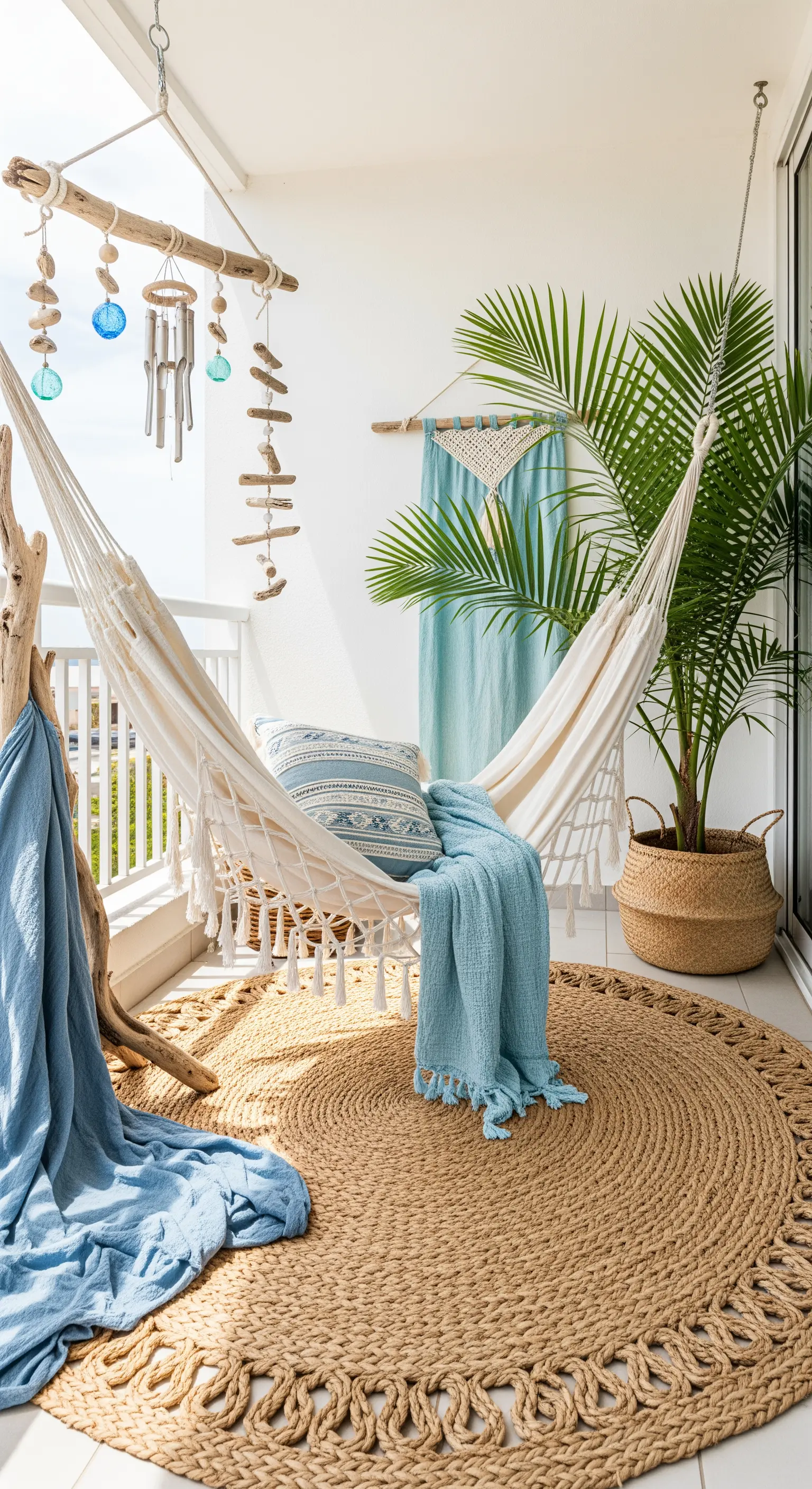 Amaca bianca su un balcone con tappeto rotondo in juta, tessuti blu e decorazioni con legni di mare.