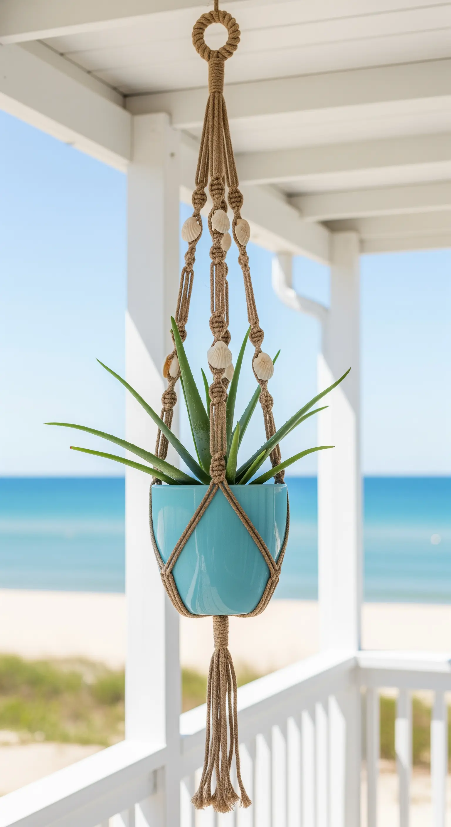 Portavasi in iuta decorato con conchiglie, con un vaso azzurro e una pianta di aloe.