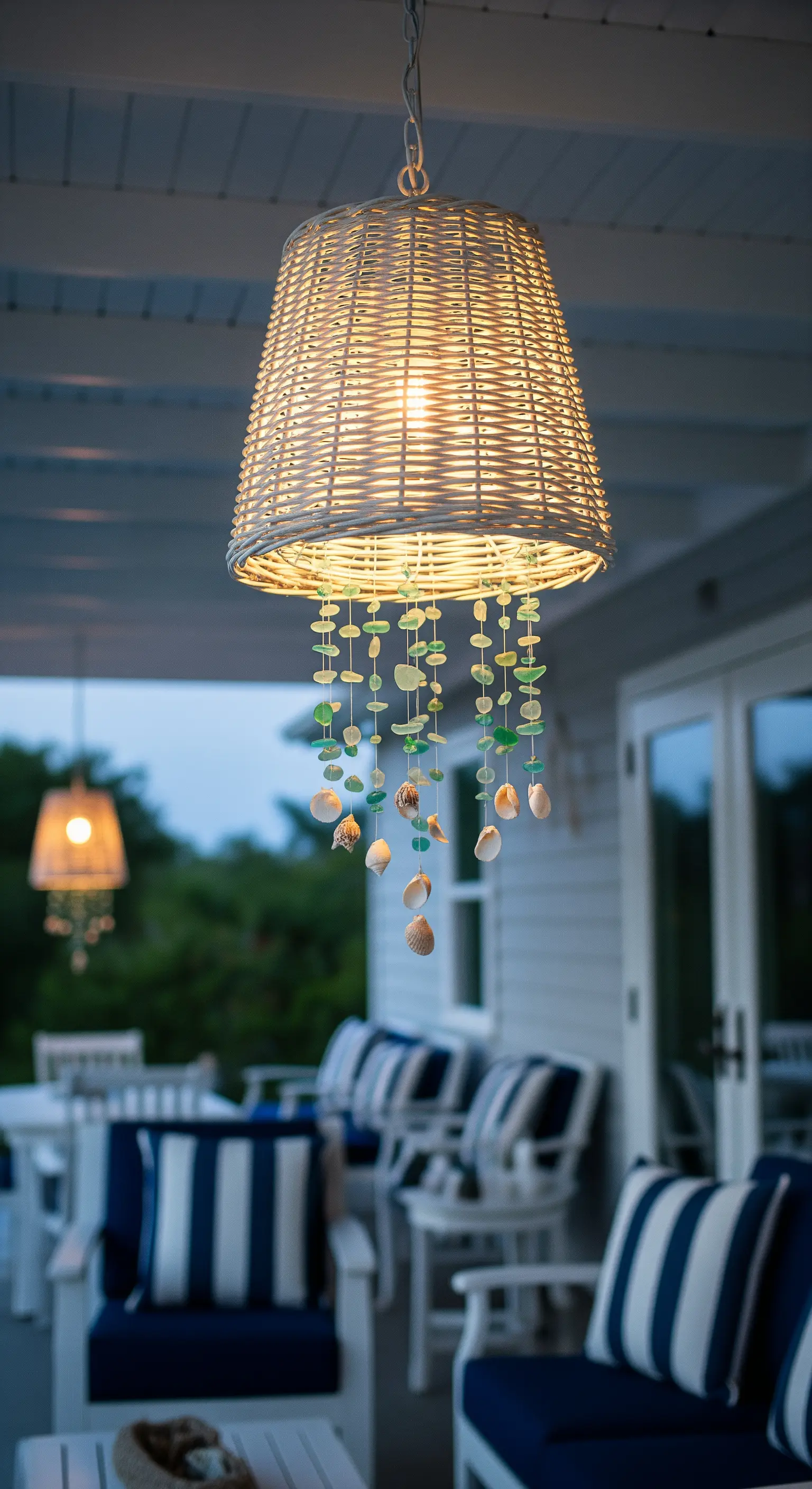 Lampadario a cestino bianco decorato con conchiglie e vetri di mare.