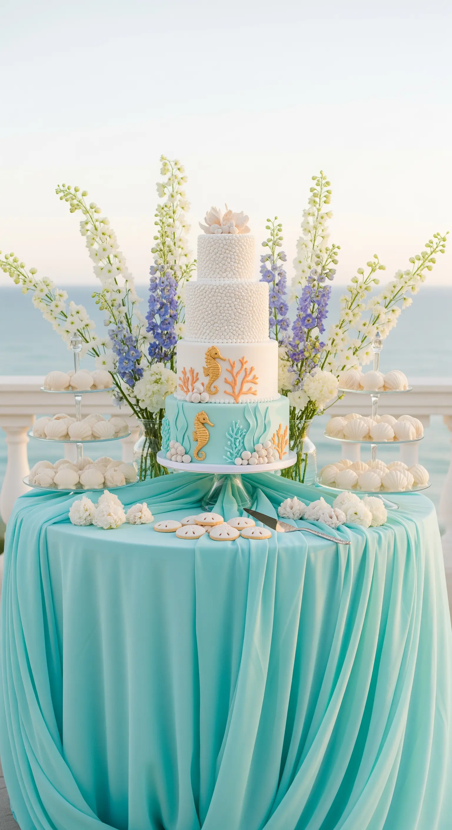Sweet table a tema marino con torta decorata con cavallucci marini e coralli.