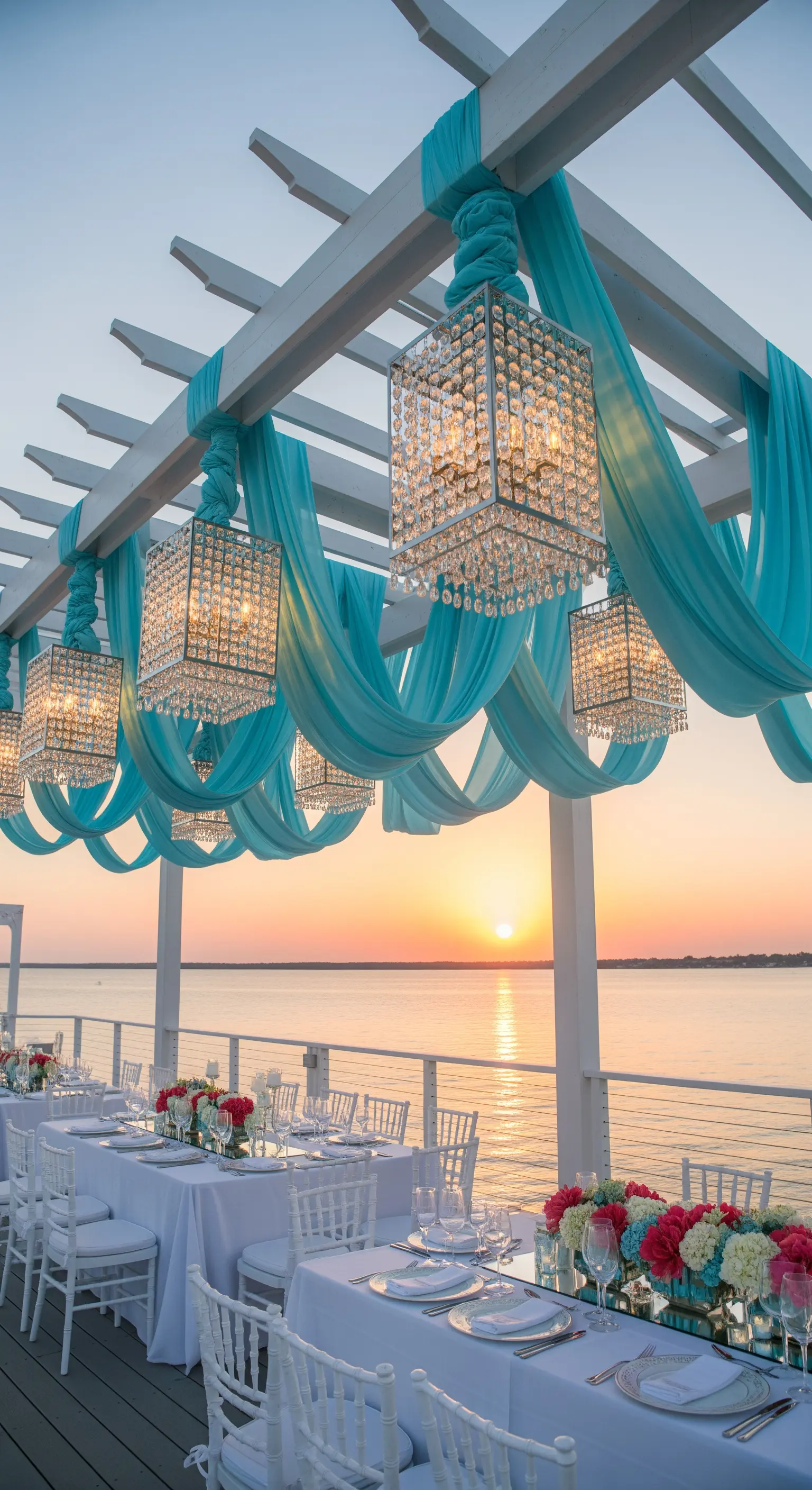 Pergola bianca sul mare con chandelier di cristallo e drappi di chiffon color acquamarina.