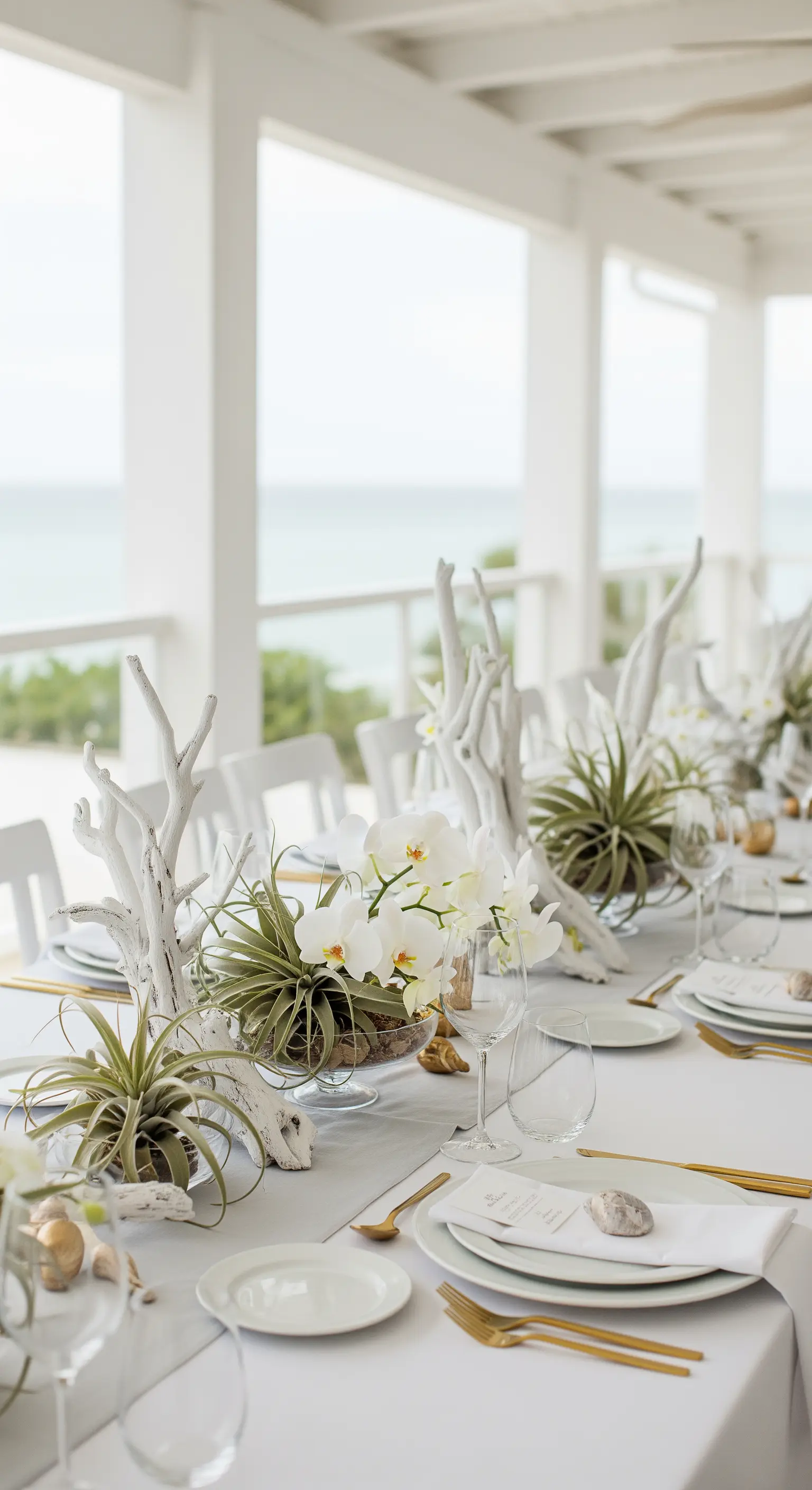 Tavola bianca vista mare con centrotavola di legno sbiancato, piante aeree e orchidee.