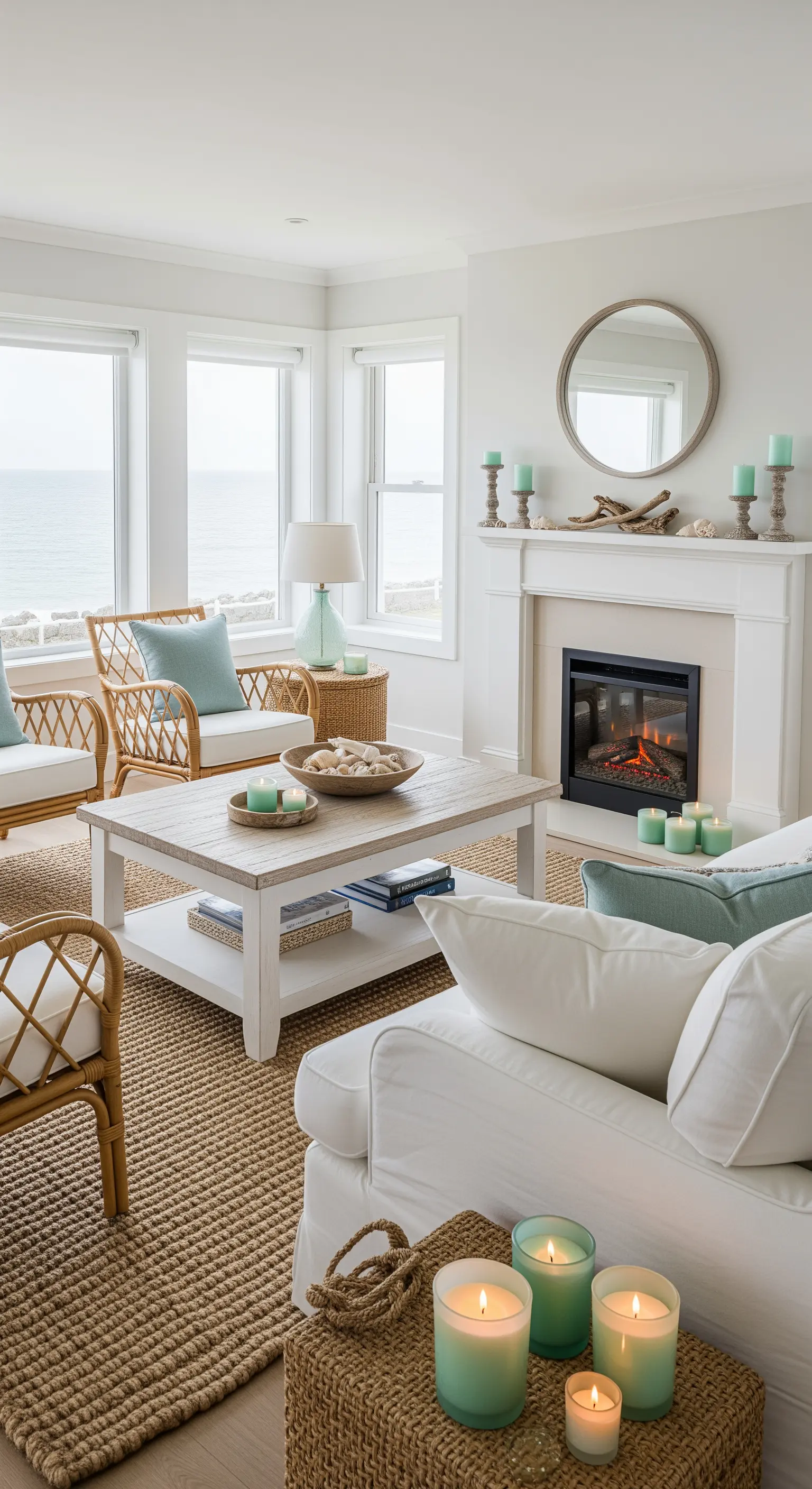 Soggiorno in stile costiero con camino bianco, poltrone in rattan e accenti turchesi.