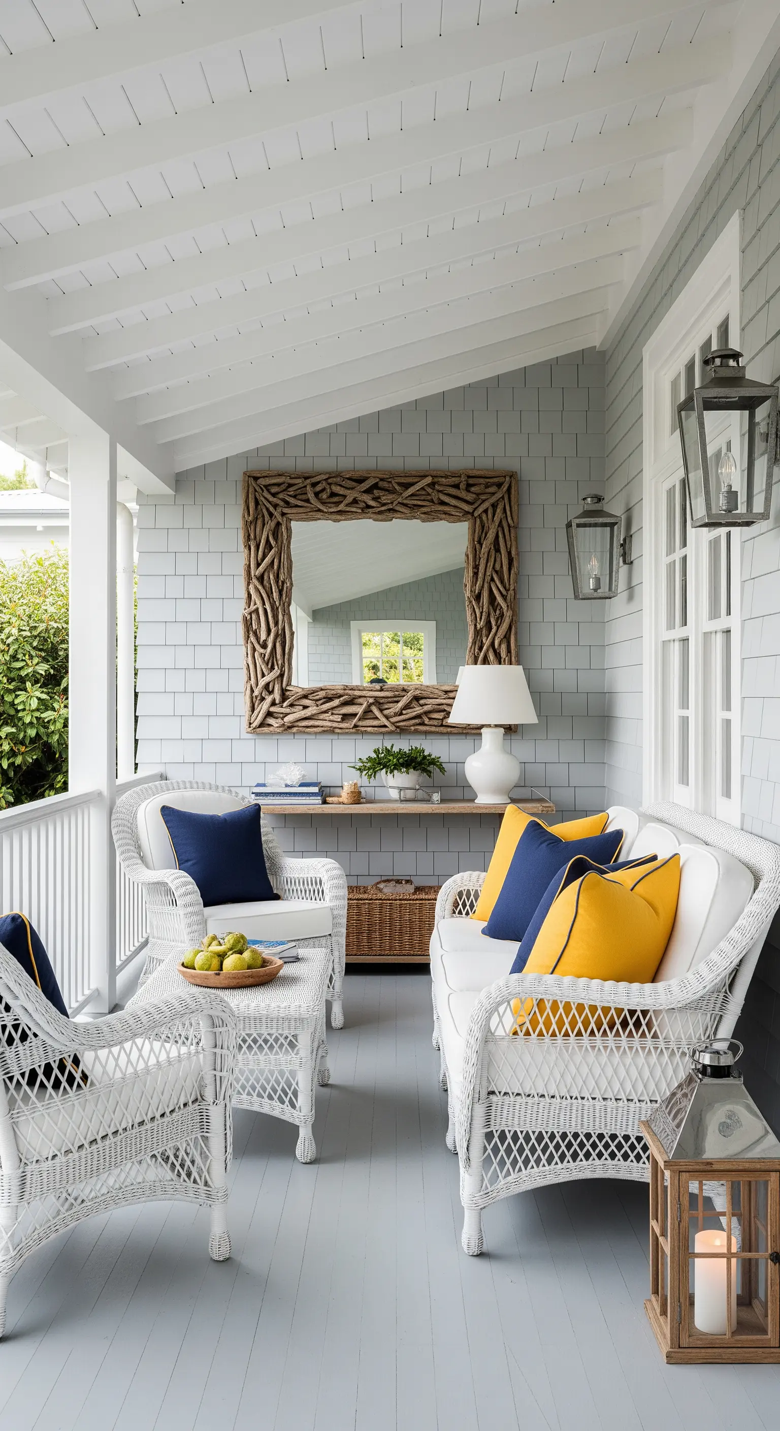 Portico in stile coastal con arredi in vimini bianco e specchio con cornice di legno.