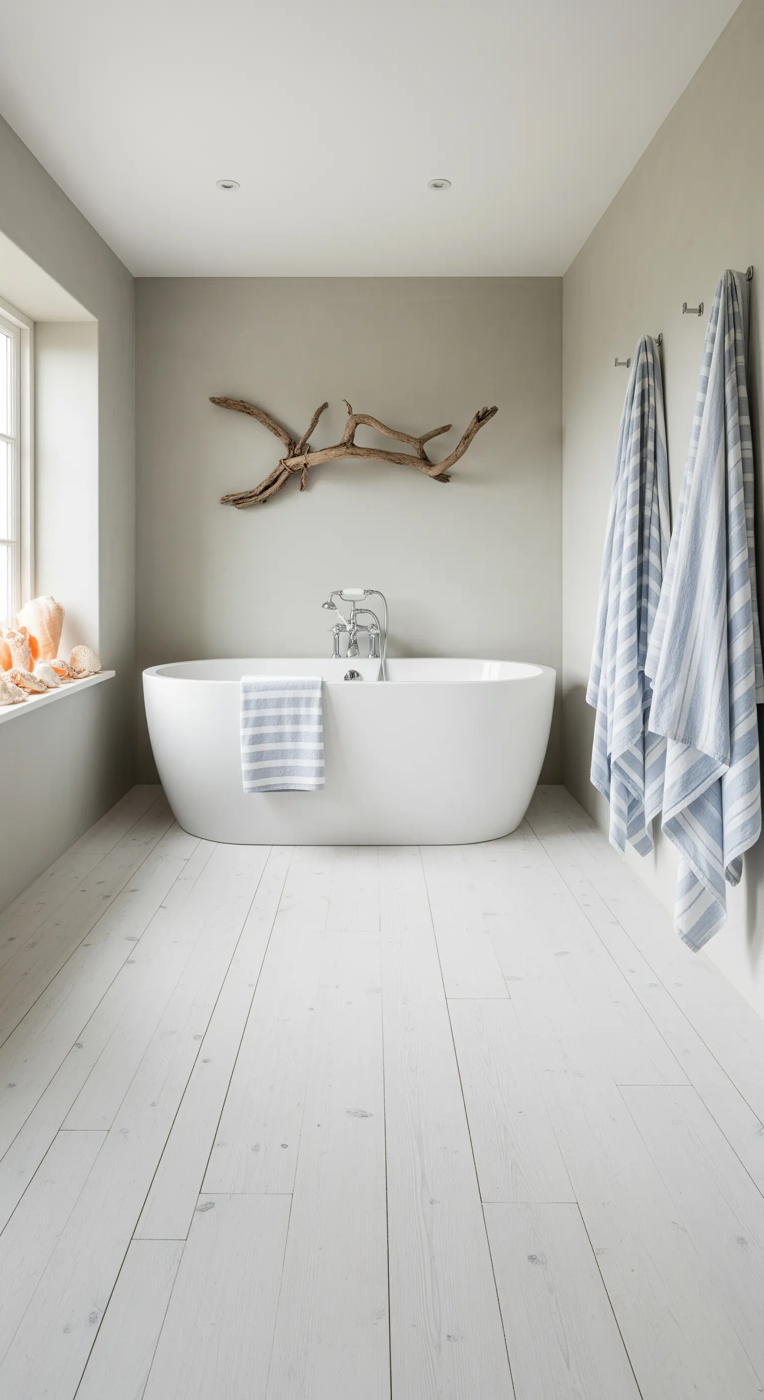 Bagno in stile costiero con pavimento in legno bianco, vasca e decorazione con un ramo.